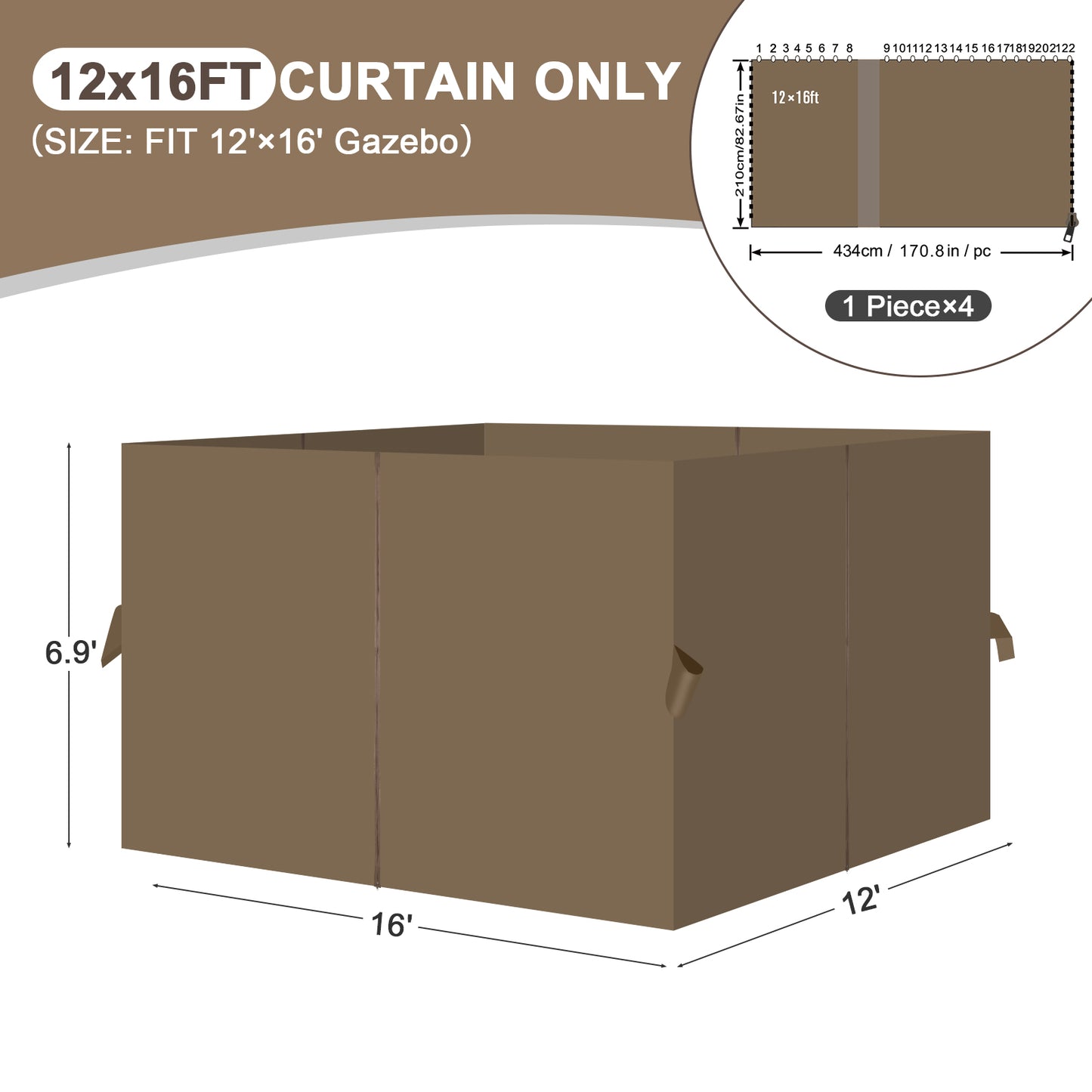 Outdoor Gazebo Curtains, 4 Panels Privacy Sidewall Replacement (Curtain Only) - Light Coffee