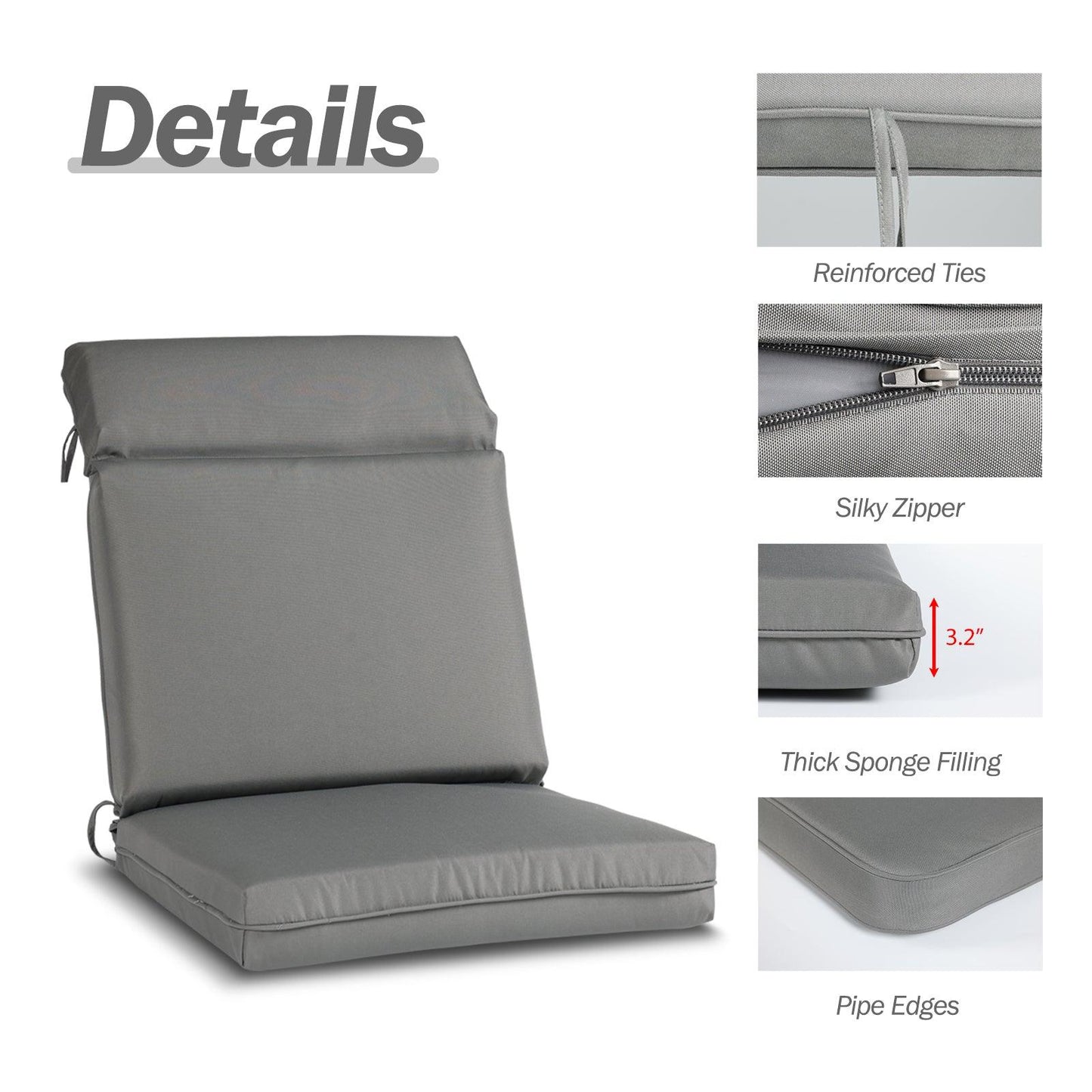 Outdoor Polyester High Back Dining Chair Cushion Set - Gray
