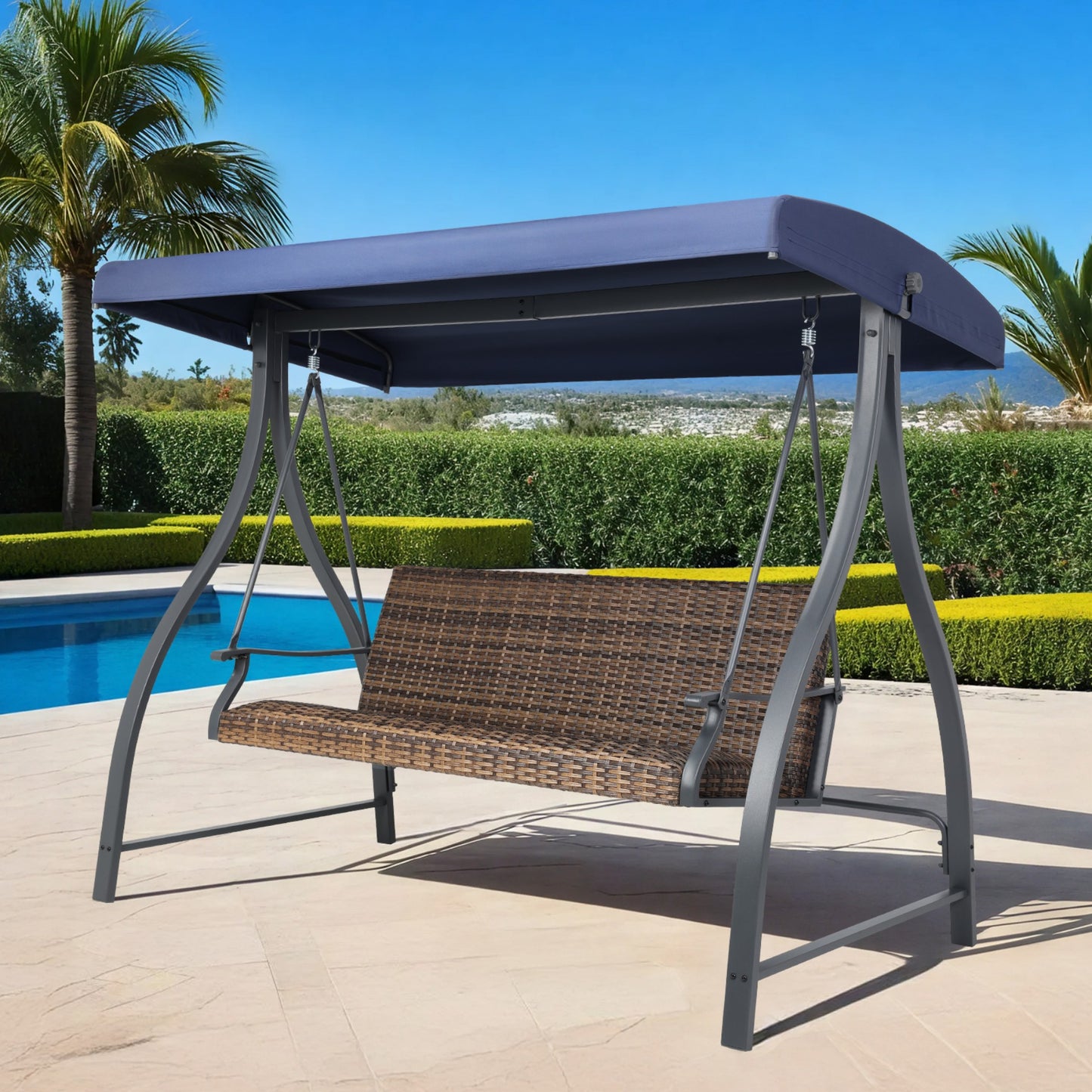 3-Seat Outdoor Rattan Patio Swing with Adjustable Canopy Aoodor