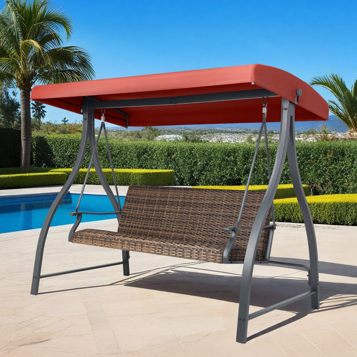 3-Seat Outdoor Rattan Patio Swing with Adjustable Canopy Aoodor