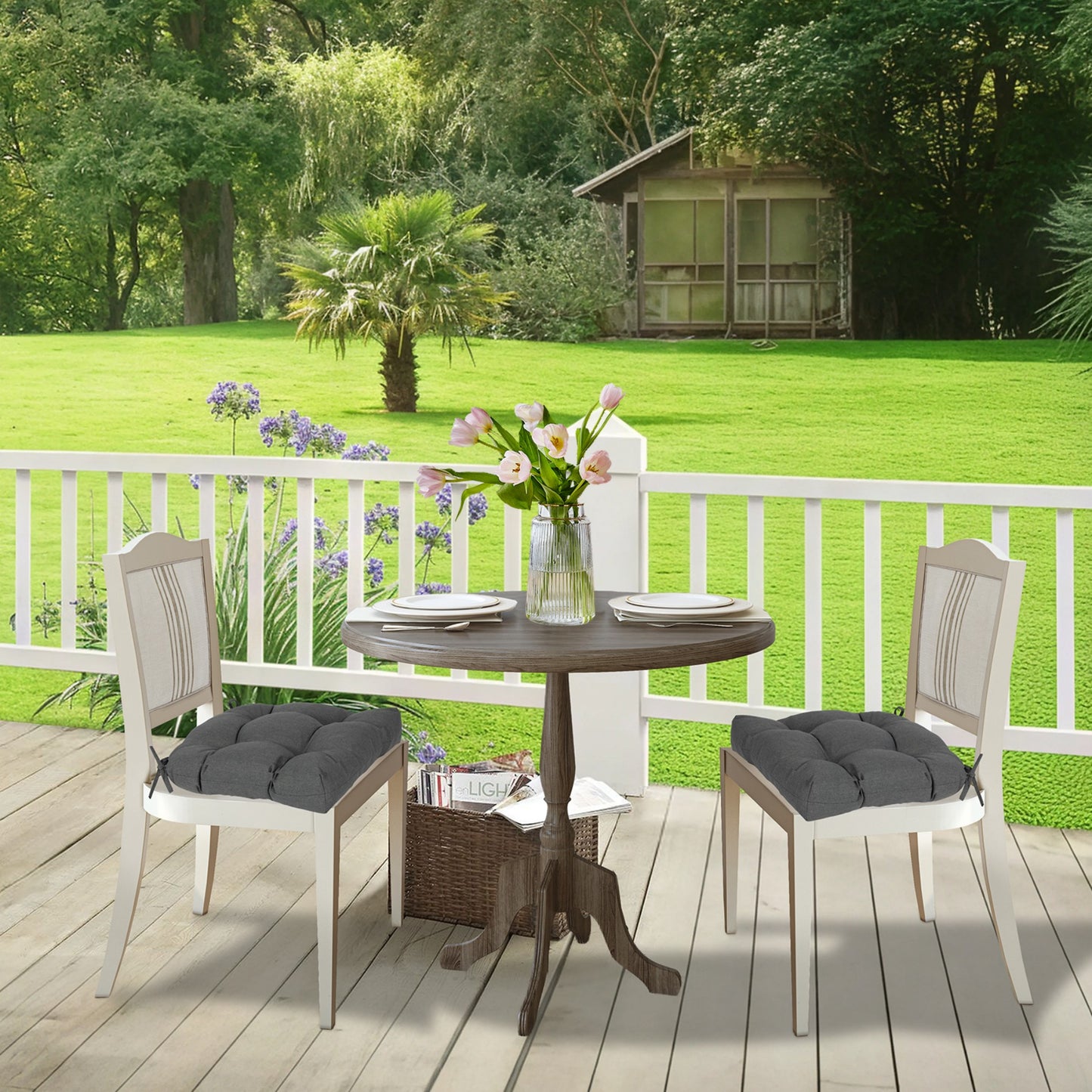 19x19x5 Inch Tufted Outdoor Chair Cushions, Water and Fade Resistant Polyester Dining Chair Pads with Ties - Dark Gray Aoodor