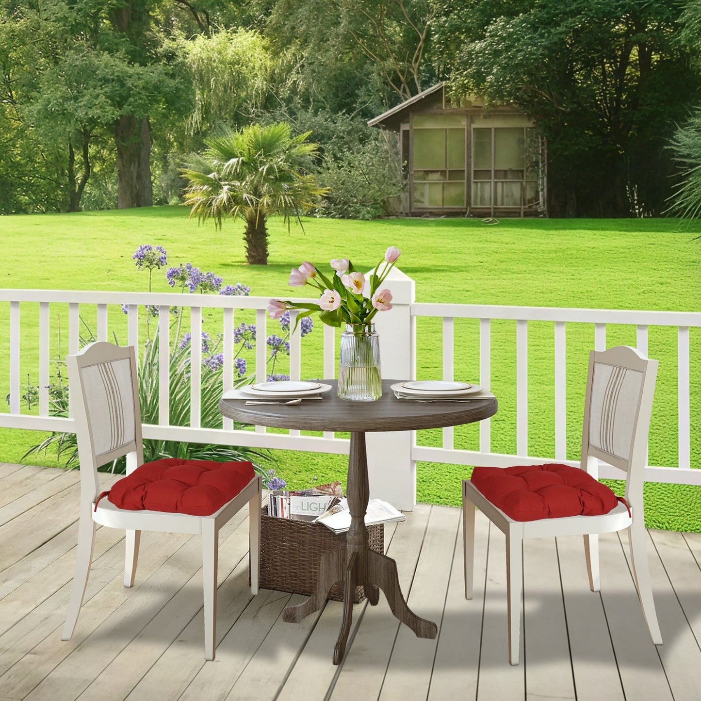 19x19x5 Inch Tufted Outdoor Chair Cushions, Water and Fade Resistant Polyester Dining Chair Pads with Ties - Red Aoodor