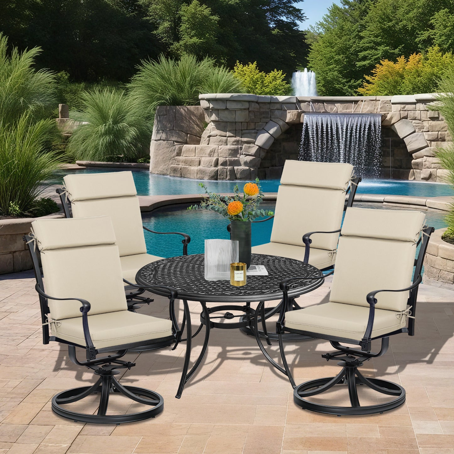 Outdoor Polyester High Back Dining Chair Cushion Set - Khaki Aoodor