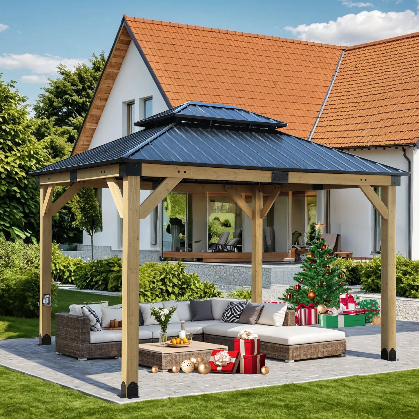 10'x12' Outdoor Patio Wooden Frame Gazebo with 2-Tier Galvanized Metal Hardtop Roof and Charging Socket
