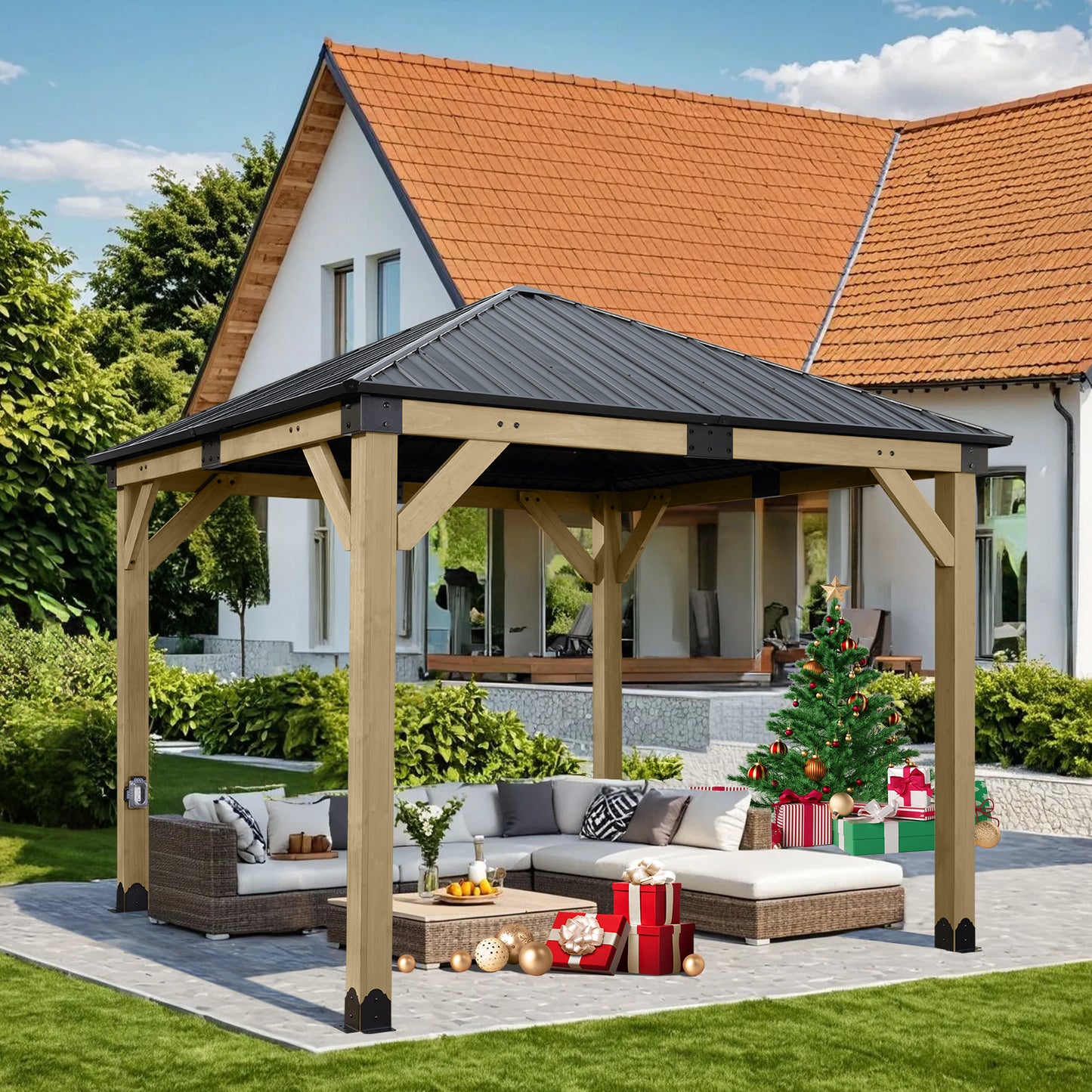 10'x10' Outdoor Patio Wooden Frame Gazebo with Galvanized Metal Hardtop Roof and Charging Socket