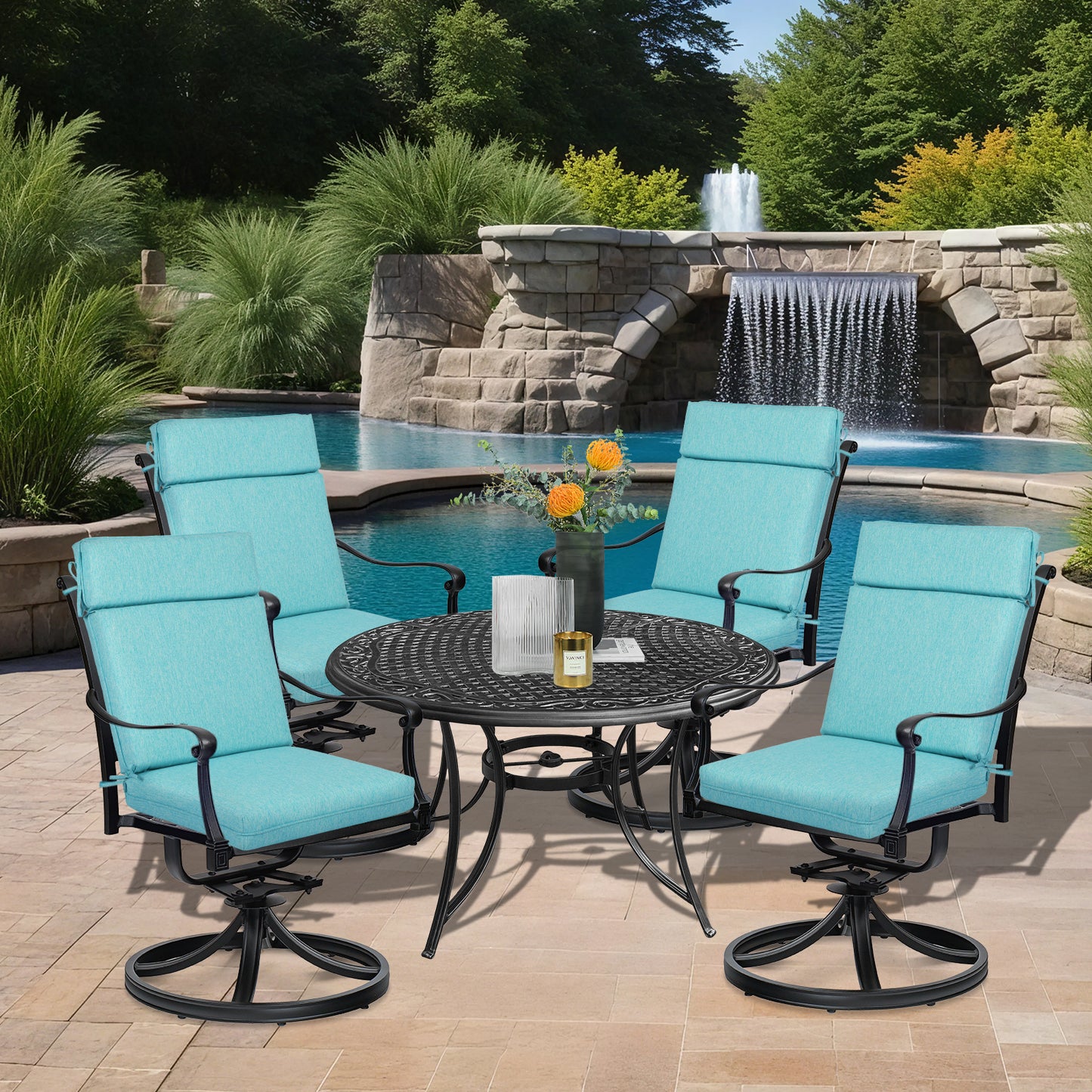 Outdoor High Back Dining Chair Cushion Set, Polyester Fabric, TPU Water Repellent Coating, Teal Aoodor