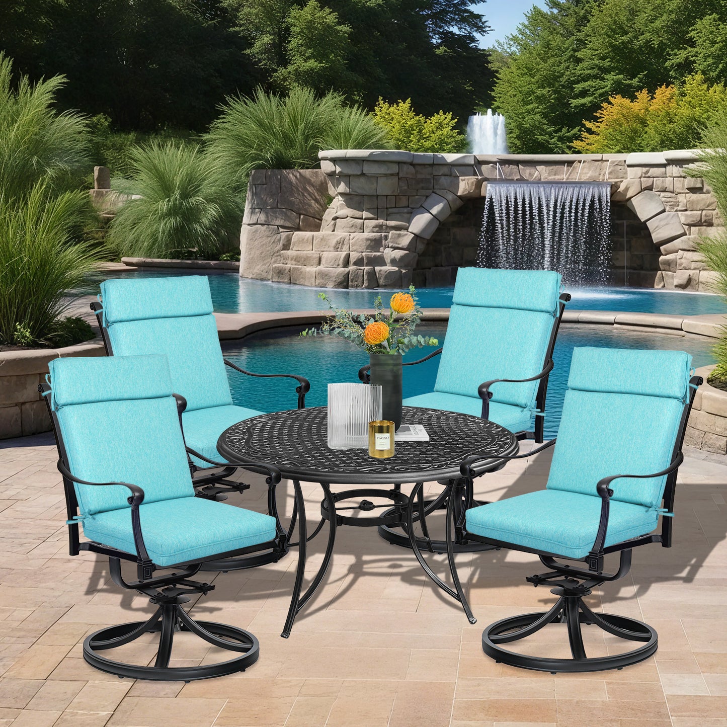 Outdoor High Back Dining Chair Cushion Set, Polyester Fabric, TPU Water Repellent Coating, Teal Aoodor