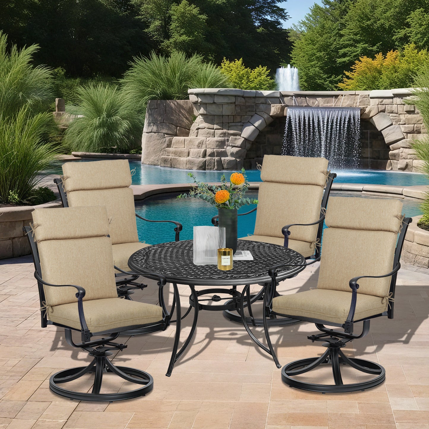 Outdoor High Back Dining Chair Cushion Set, Polyester Fabric, TPU Water Repellent Coating, Brown Aoodor