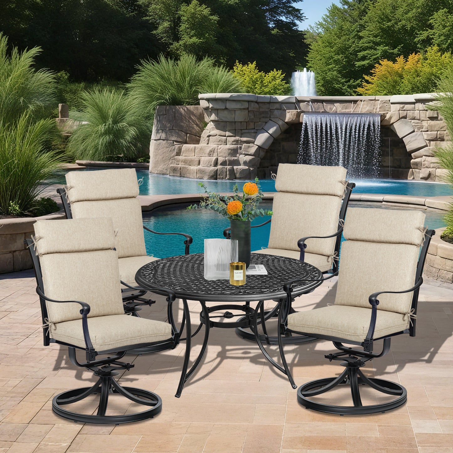 Outdoor High Back Dining Chair Cushion Set, Polyester Fabric, TPU Water Repellent Coating, Brown Aoodor