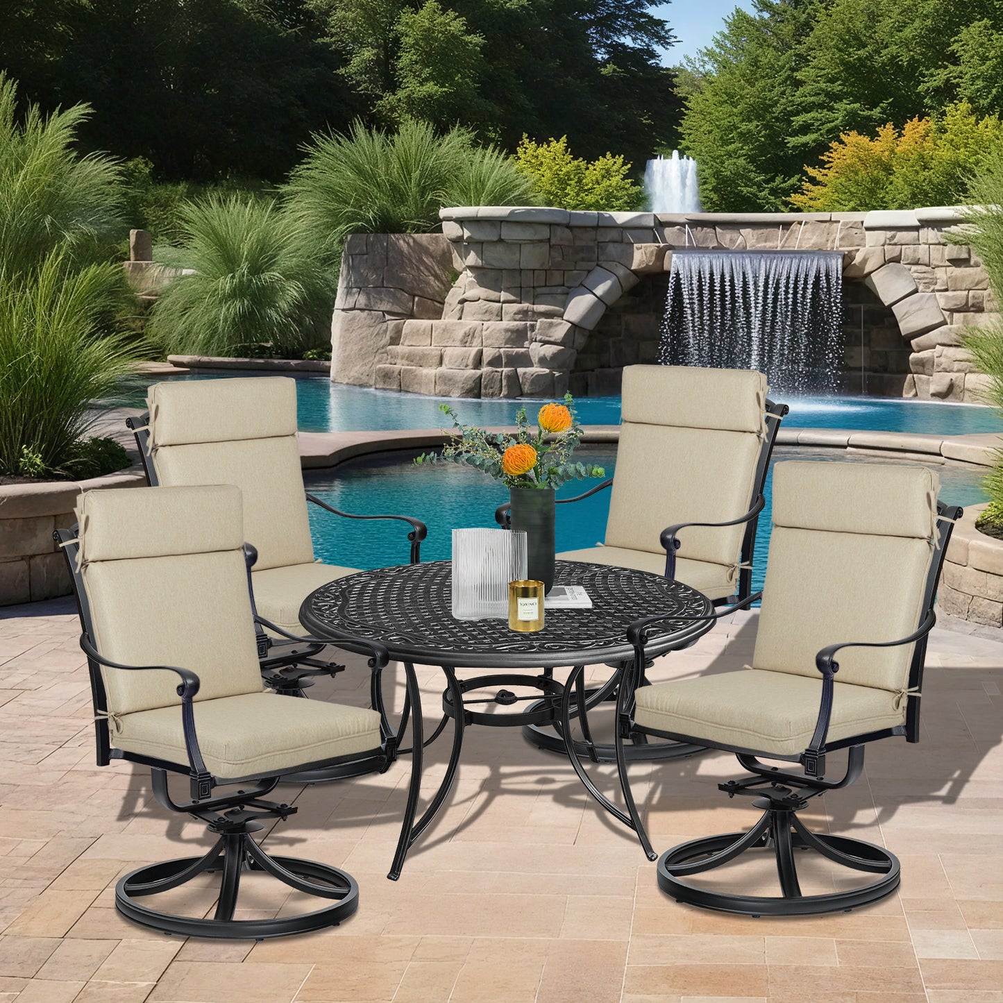 Outdoor High Back Dining Chair Cushion Set, Polyester Fabric, TPU Water Repellent Coating, Light Taupe Aoodor