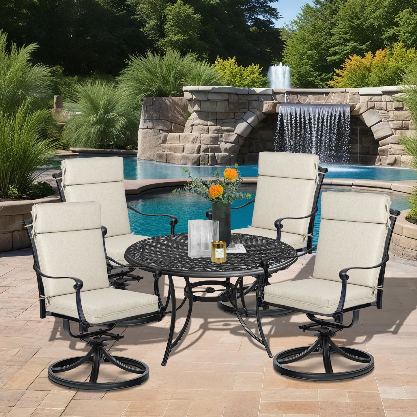 Outdoor High Back Dining Chair Cushion Set, Polyester Fabric, TPU Water Repellent Coating, Light Taupe Aoodor