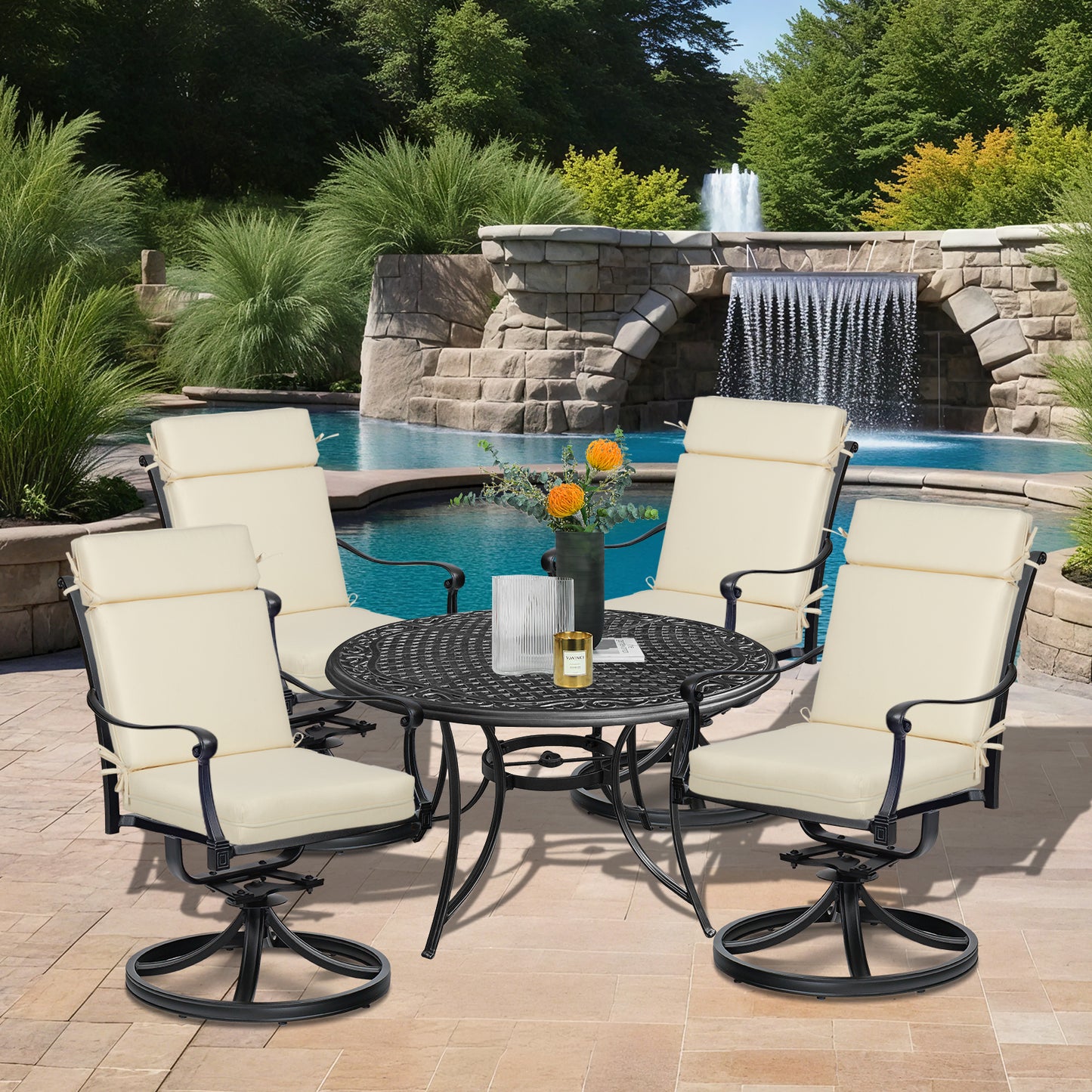 Outdoor High Back Dining Chair Cushion Set, Polyester Fabric, TPU Water Repellent Coating, Ivory Aoodor