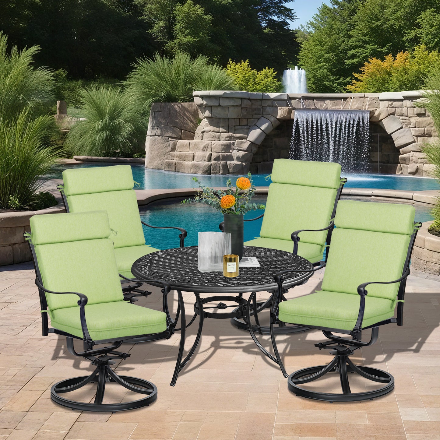 Outdoor High Back Dining Chair Cushion Set, Polyester Fabric, TPU Water Repellent Coating, Green Aoodor