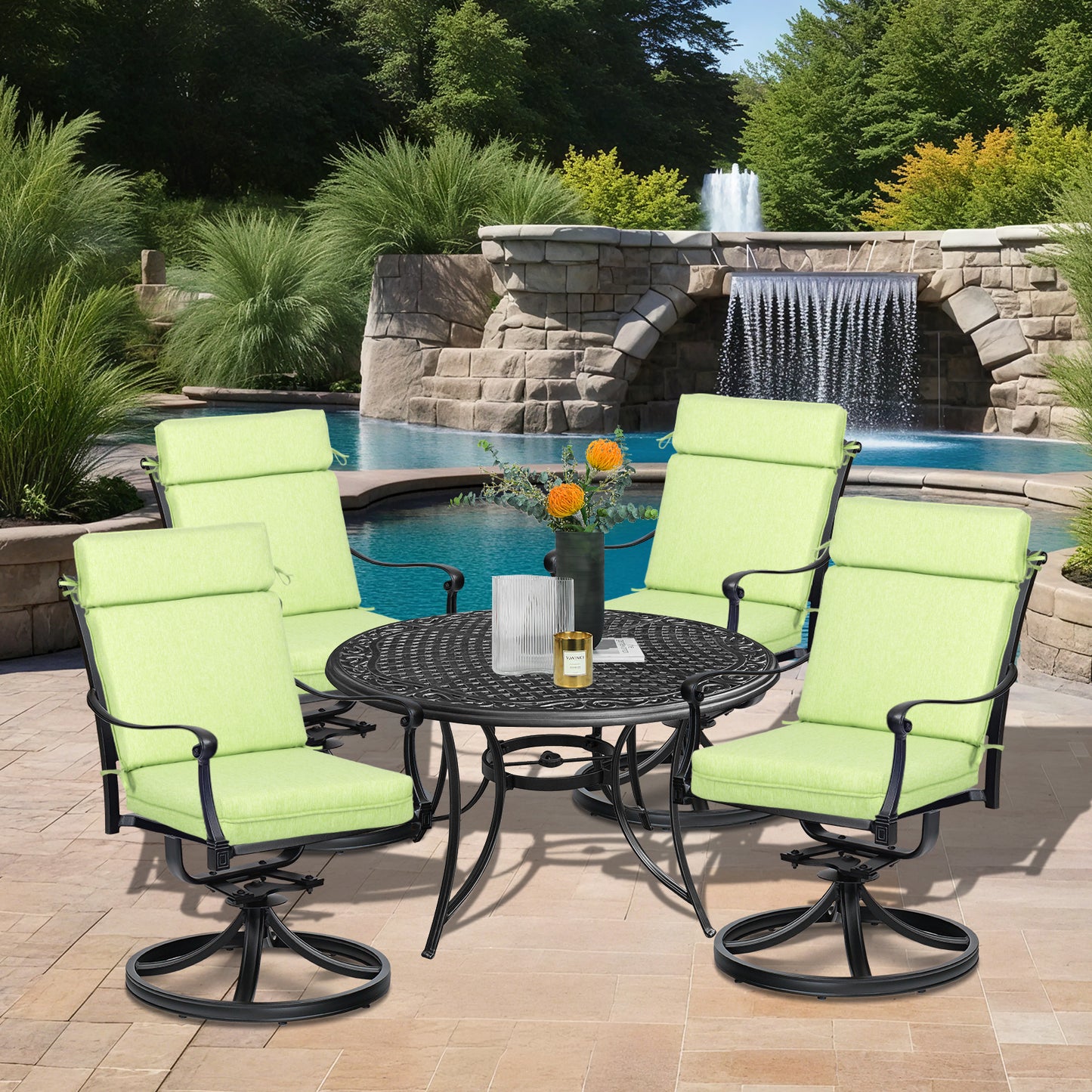 Outdoor High Back Dining Chair Cushion Set, Polyester Fabric, TPU Water Repellent Coating, Green Aoodor