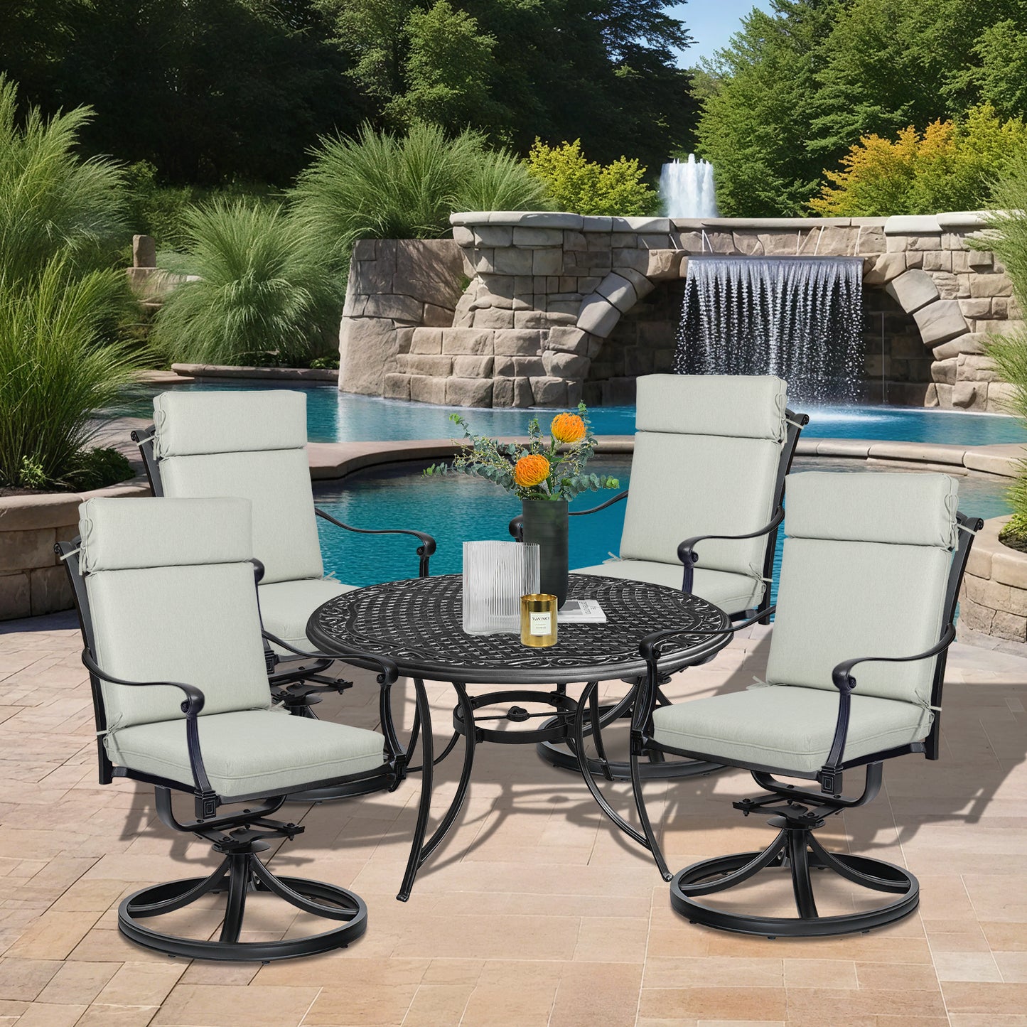 Outdoor High Back Dining Chair Cushion Set, Polyester Fabric, TPU Water Repellent Coating, Light Gray Aoodor