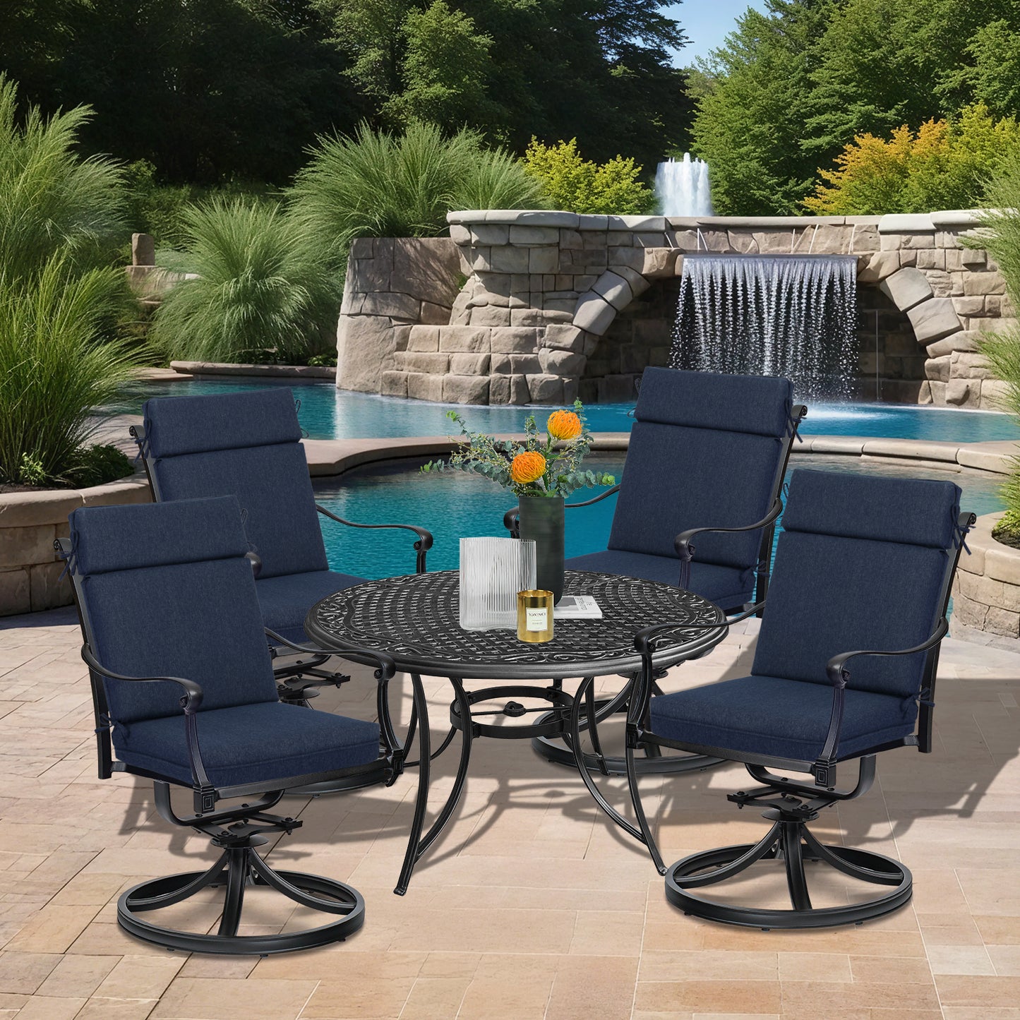 Outdoor High Back Dining Chair Cushion Set, Polyester Fabric, TPU Water Repellent Coating, Navy Blue Aoodor