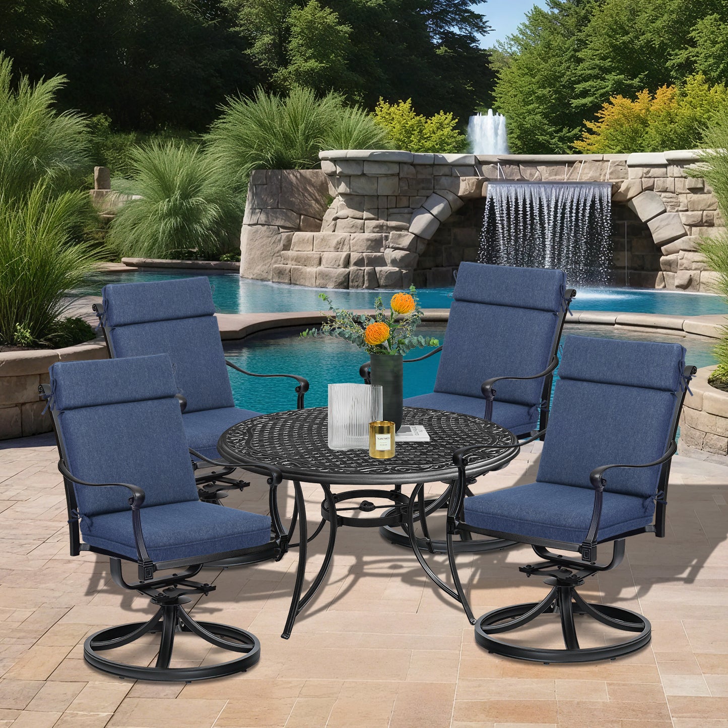Outdoor High Back Dining Chair Cushion Set, Polyester Fabric, TPU Water Repellent Coating, Navy Blue Aoodor