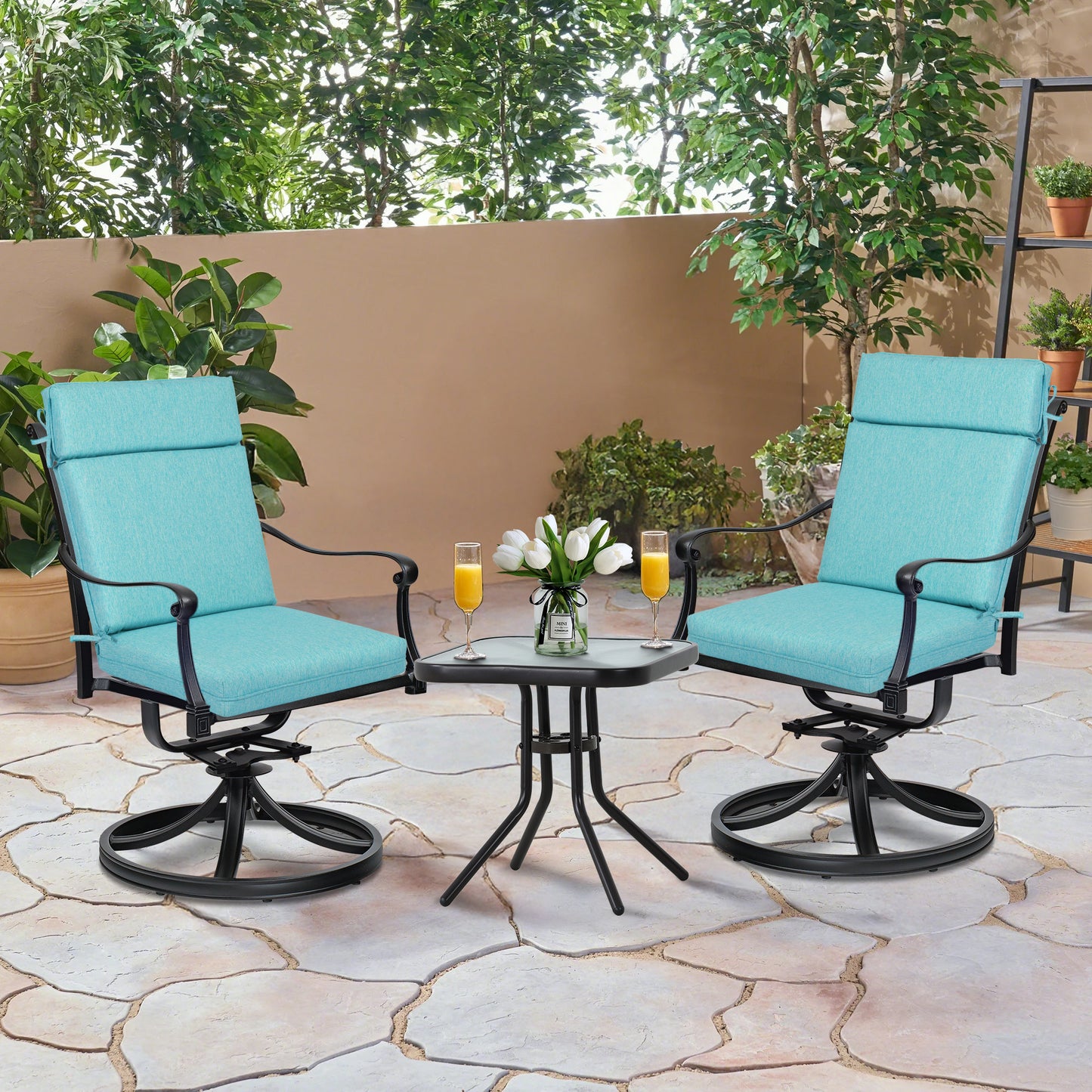Outdoor High Back Dining Chair Cushion Set, Polyester Fabric, TPU Water Repellent Coating, Teal Aoodor