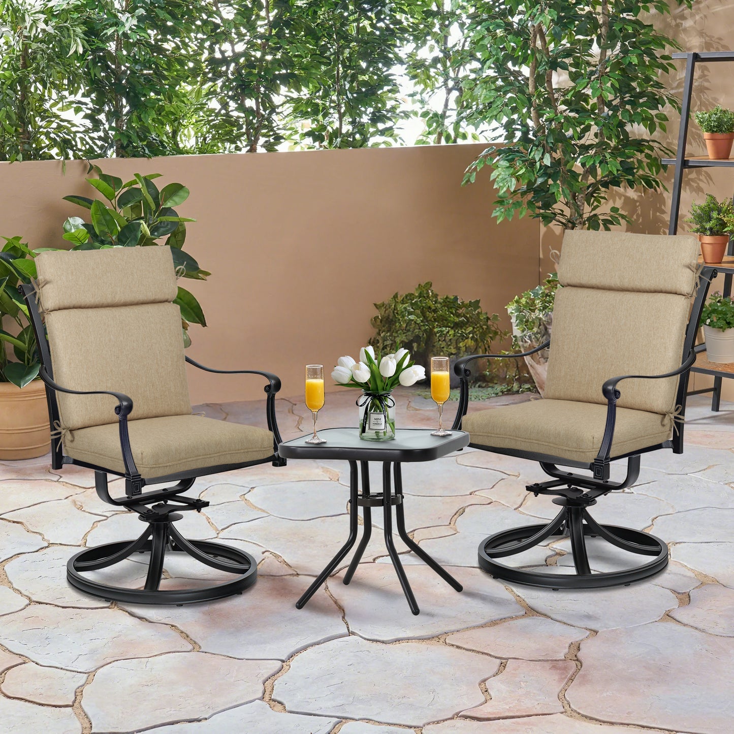 Outdoor High Back Dining Chair Cushion Set, Polyester Fabric, TPU Water Repellent Coating, Brown Aoodor