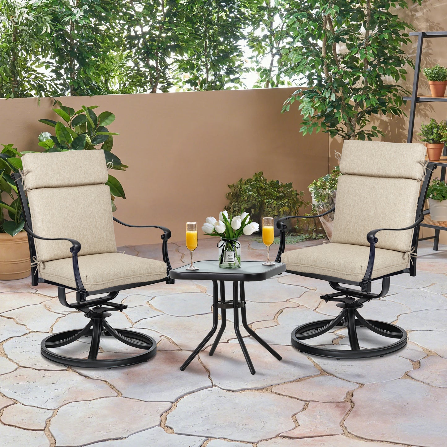 Outdoor High Back Dining Chair Cushion Set, Polyester Fabric, TPU Water Repellent Coating, Brown Aoodor