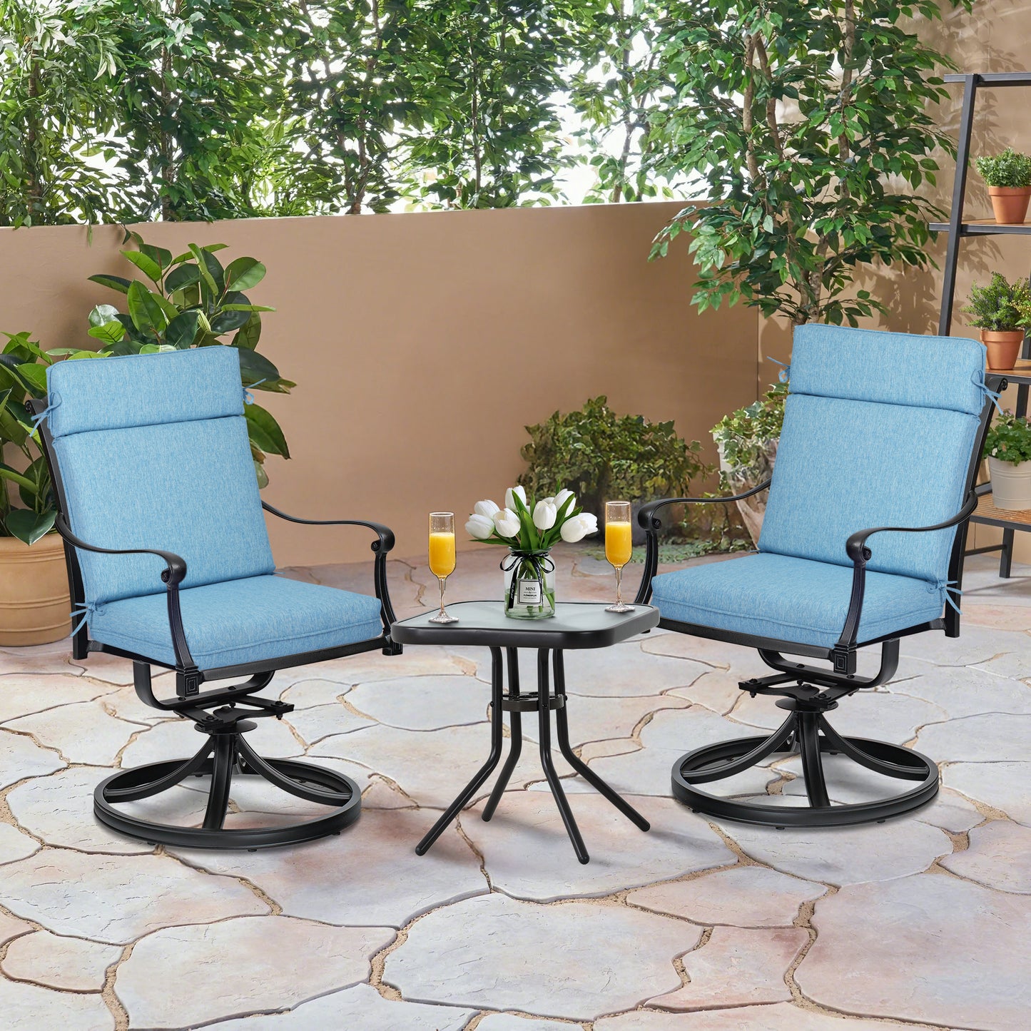 Outdoor High Back Dining Chair Cushion Set, Polyester Fabric, TPU Water Repellent Coating, Lake Blue Aoodor