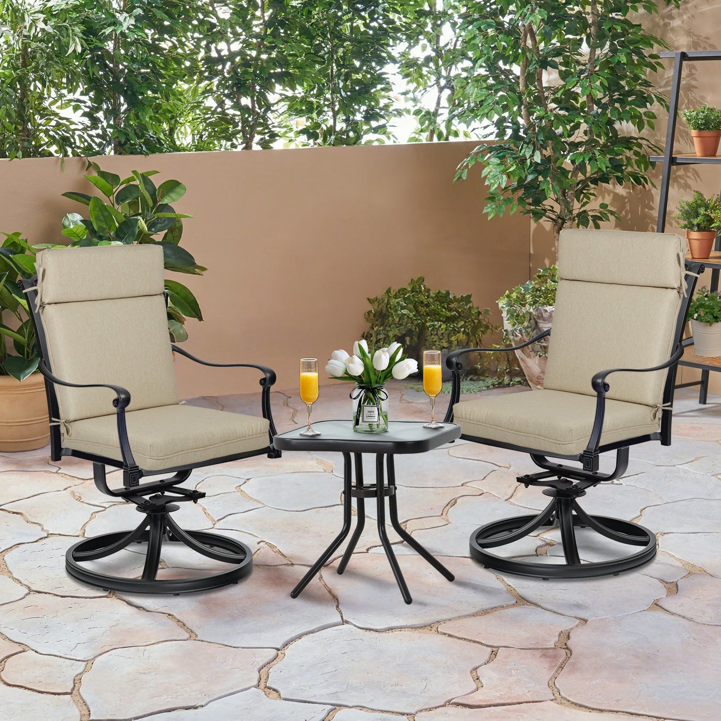 Outdoor High Back Dining Chair Cushion Set, Polyester Fabric, TPU Water Repellent Coating, Light Taupe Aoodor