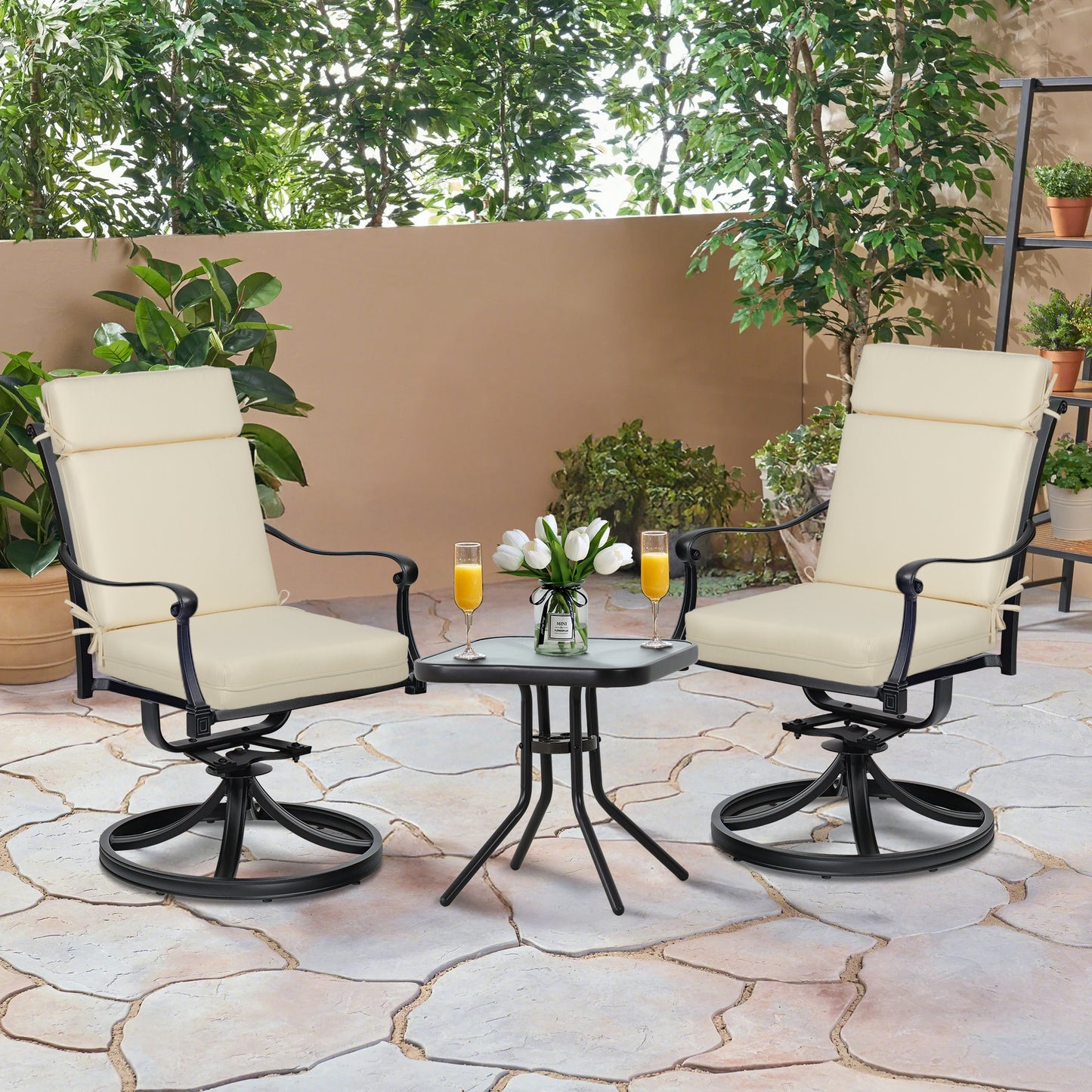 Outdoor High Back Dining Chair Cushion Set, Polyester Fabric, TPU Water Repellent Coating, Ivory Aoodor
