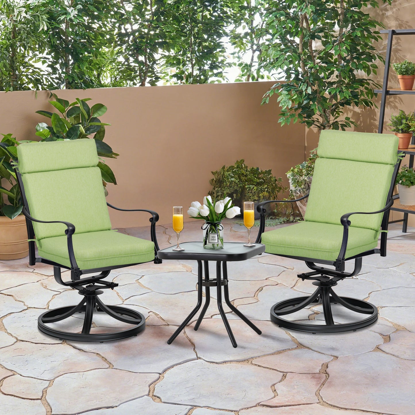 Outdoor High Back Dining Chair Cushion Set, Polyester Fabric, TPU Water Repellent Coating, Green Aoodor