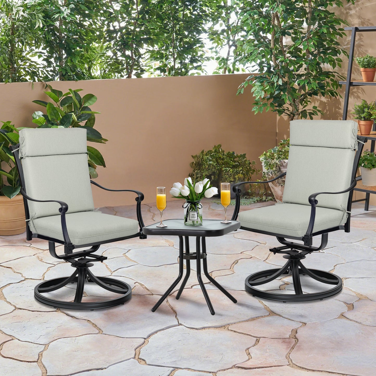 Outdoor High Back Dining Chair Cushion Set, Polyester Fabric, TPU Water Repellent Coating, Light Gray Aoodor