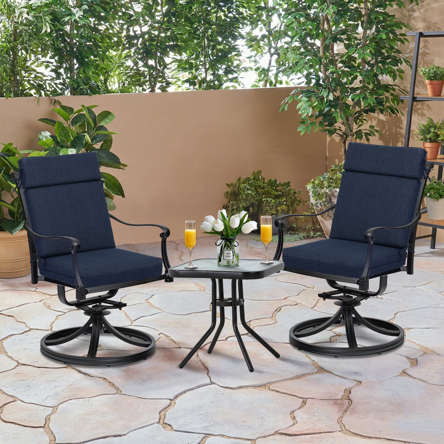 Outdoor High Back Dining Chair Cushion Set, Polyester Fabric, TPU Water Repellent Coating, Navy Blue Aoodor