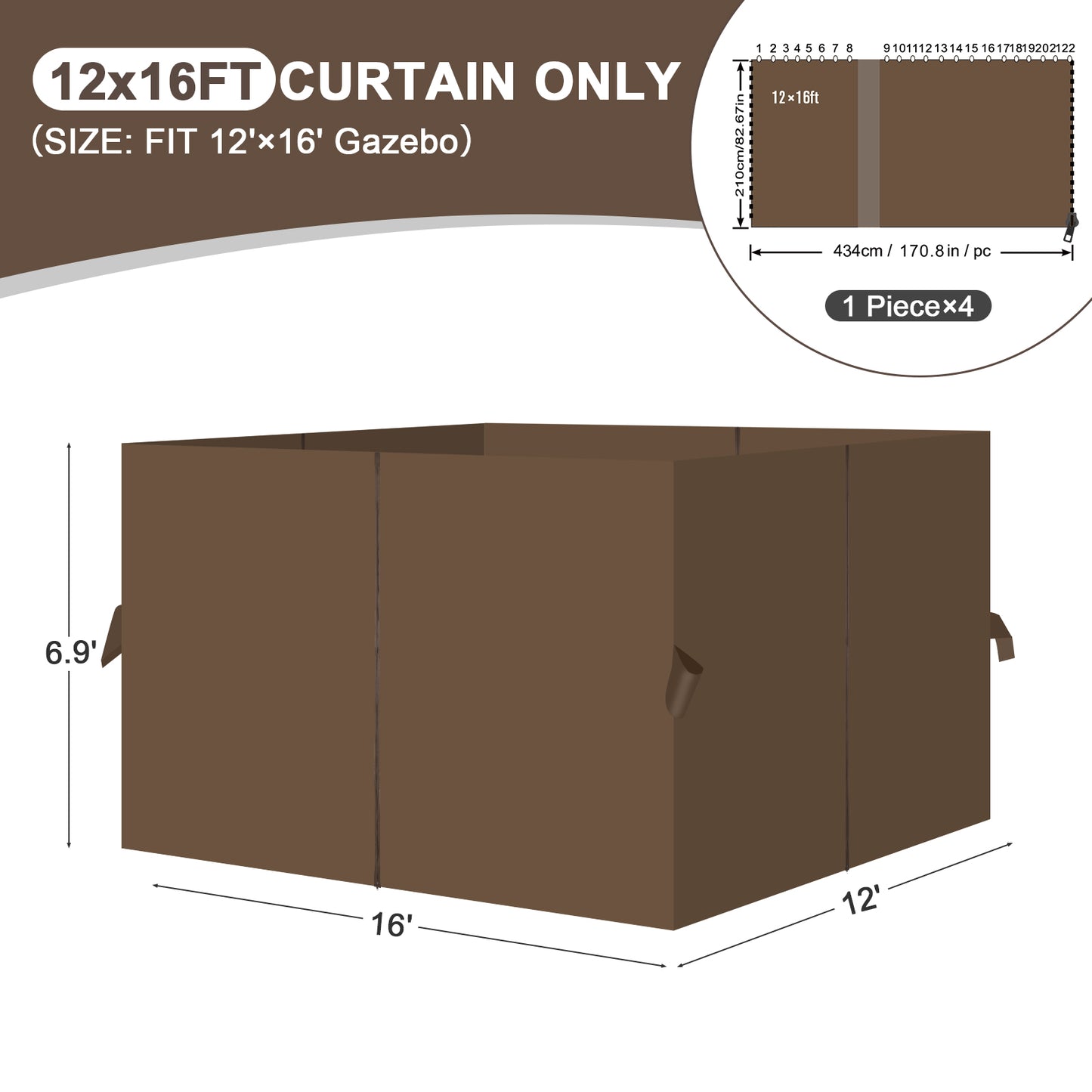 Outdoor Gazebo Curtains, 4 Panels Privacy Sidewall Replacement (Curtain Only) - Brown