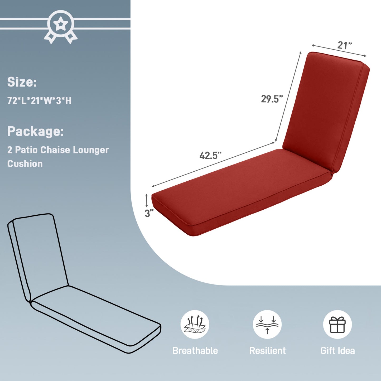 72x21x3 inch Patio Chaise Lounger Cushions Set of 2 - Wine Red Aoodor