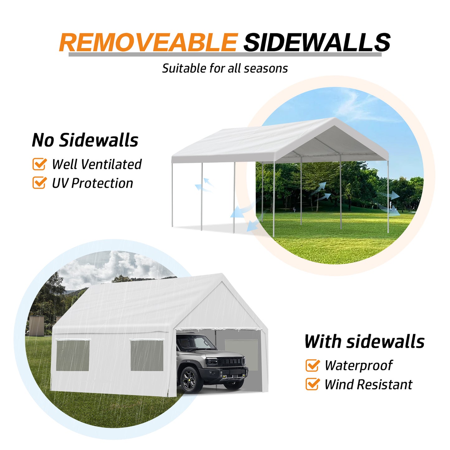 20x10/20x12 ft. Carport Canopy Tent - Portable Garage, Boat Shelter, Party Canopy - removeable sidewalls