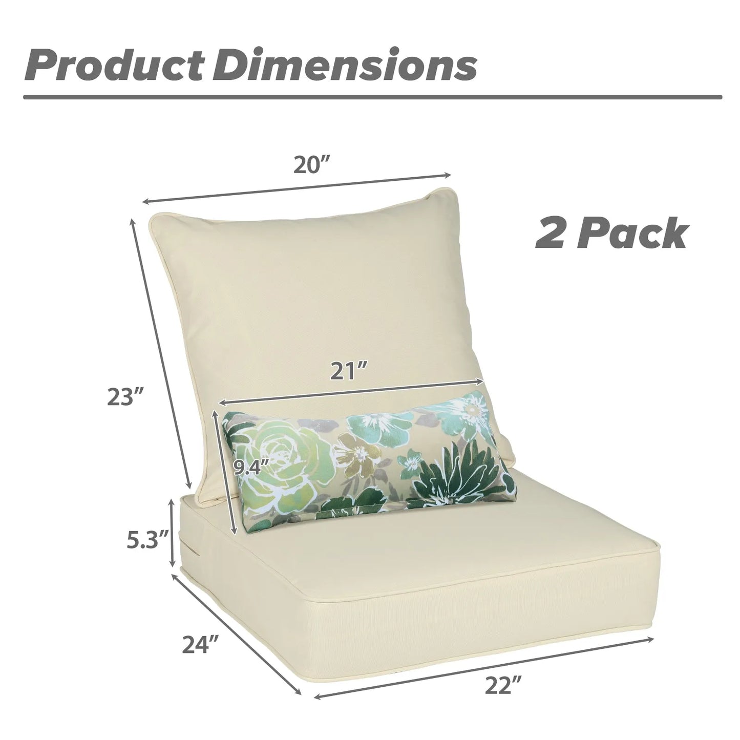 Patio Deep Chair Cushion, 2 Back 2 Seater 2 Pillow, Cream Yellow Aoodor 22x24x5 inch
