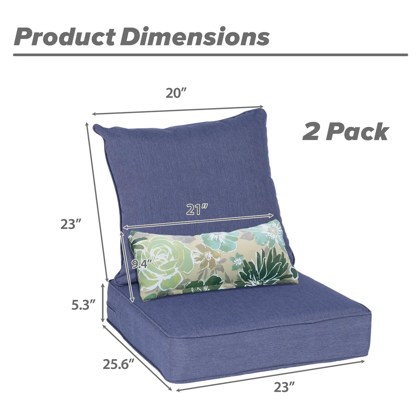 Patio Deep Chair Cushion, 2 Back 2 Seater 2 Pillow, Dark Blue 23"x26"