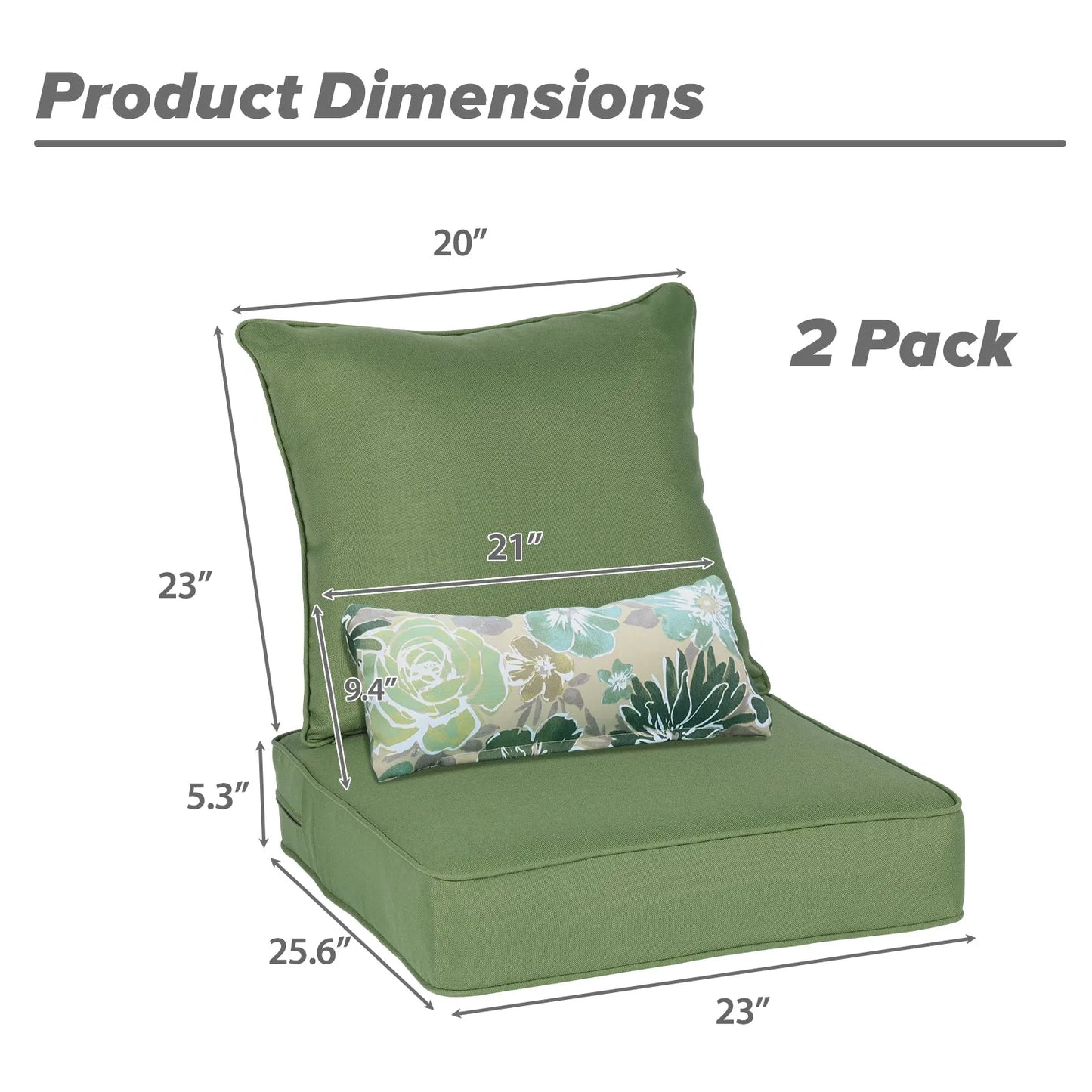 Patio Deep Chair Cushion, 2 Back 2 Seater 2 Pillow, Green Aoodor 23"x26"