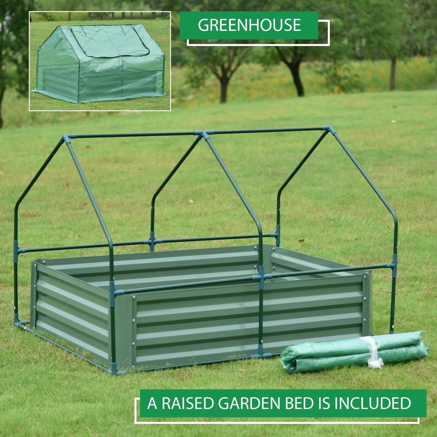 Mini Greenhouse Kit With Raised Garden Metal Beds, 2 Roll-up Zipper Doors