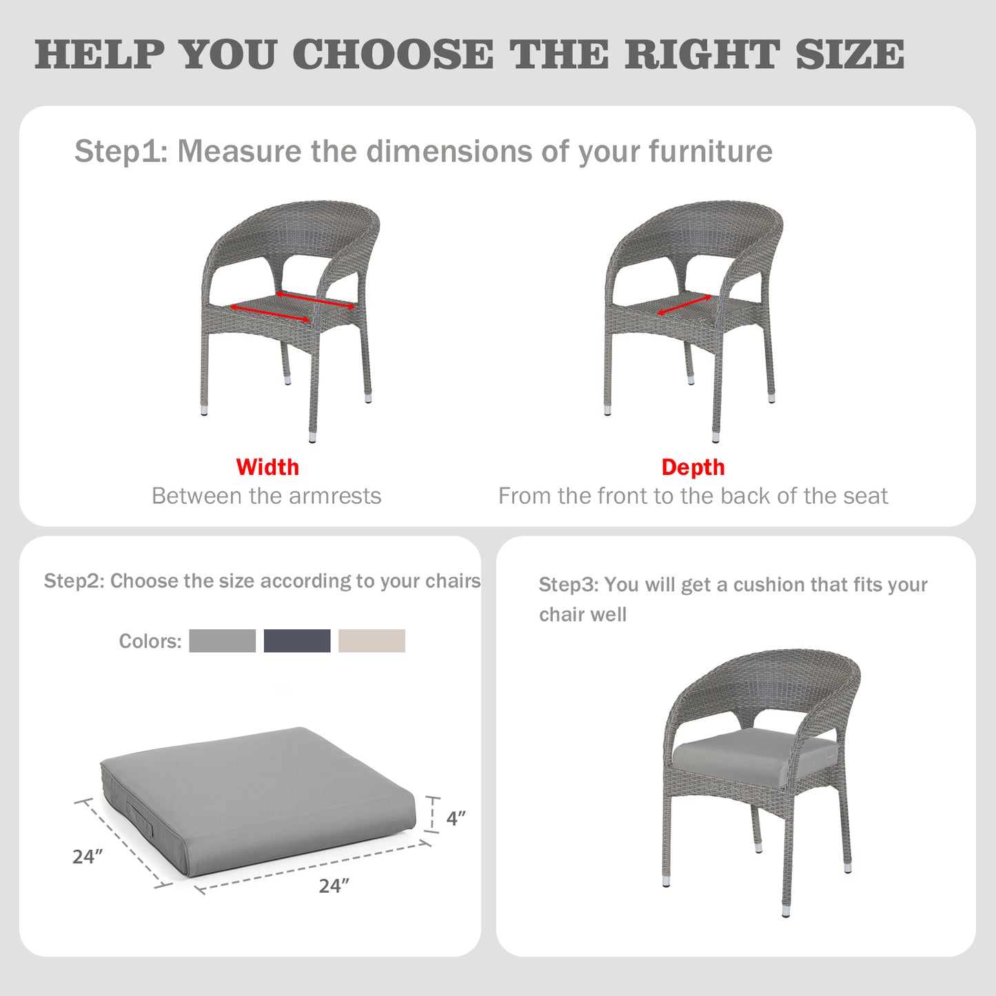 Outdoor Chair Cushion , Removable Cover with Hidden Zipper, Adaptable Secure Ties - Gray