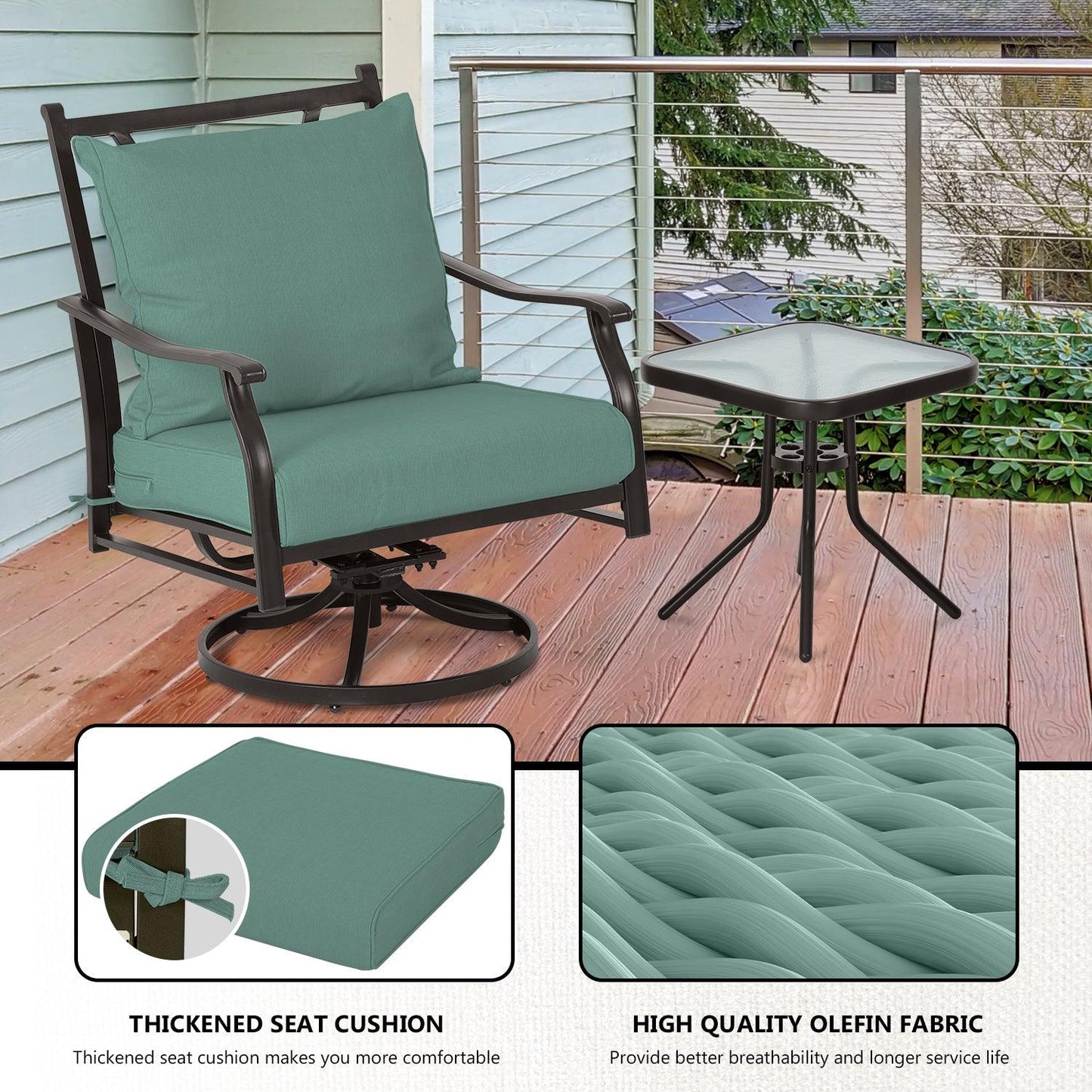 Outdoor Swivel Chair Set - Two Chairs, One Glass Table, and Two Thick Cushions