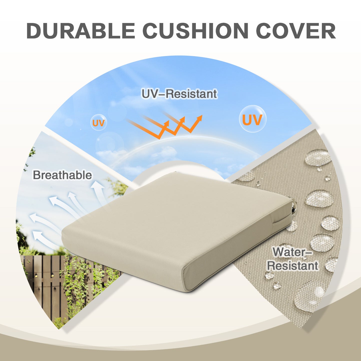 Outdoor Chair Cushion , Removable Cover with Hidden Zipper, Adaptable Secure Ties - Khaki Aoodor
