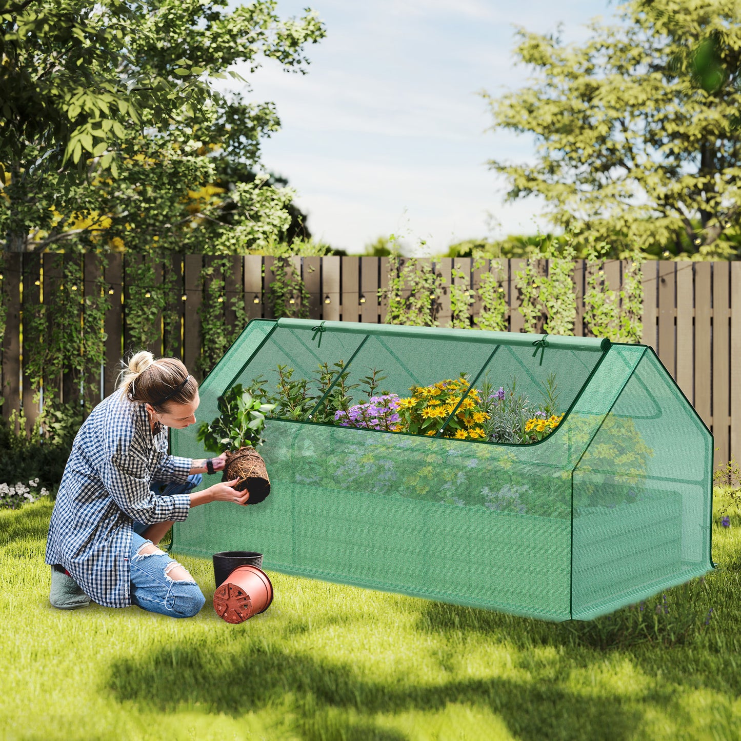 Mini Greenhouse Kit With Raised Garden Metal Beds, 2 Roll-up Zipper Doors