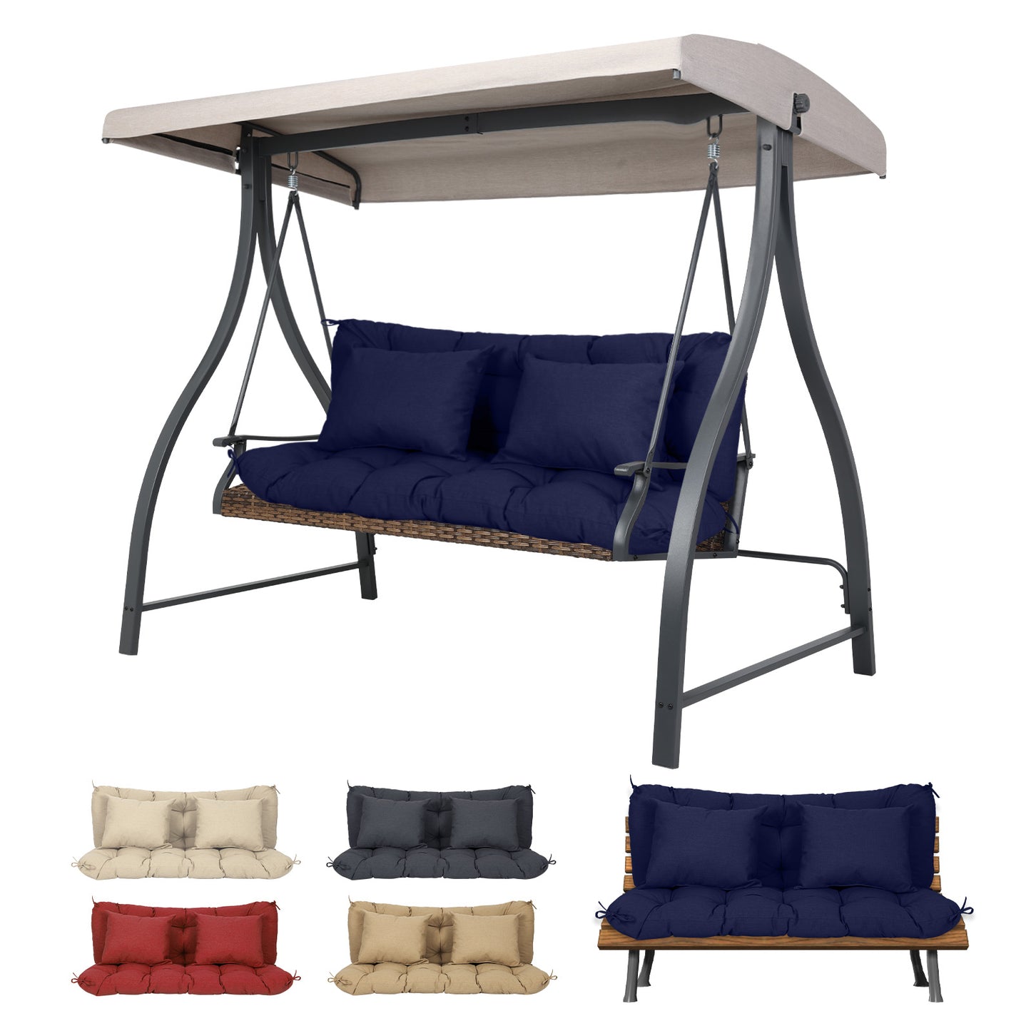 59" Tufted Porch Swing Cushions, Extra 5.1" Thick Outdoor Swing Bench Replacement Cushion with Backrest and 2 Pillows - Dark Blue Aoodor