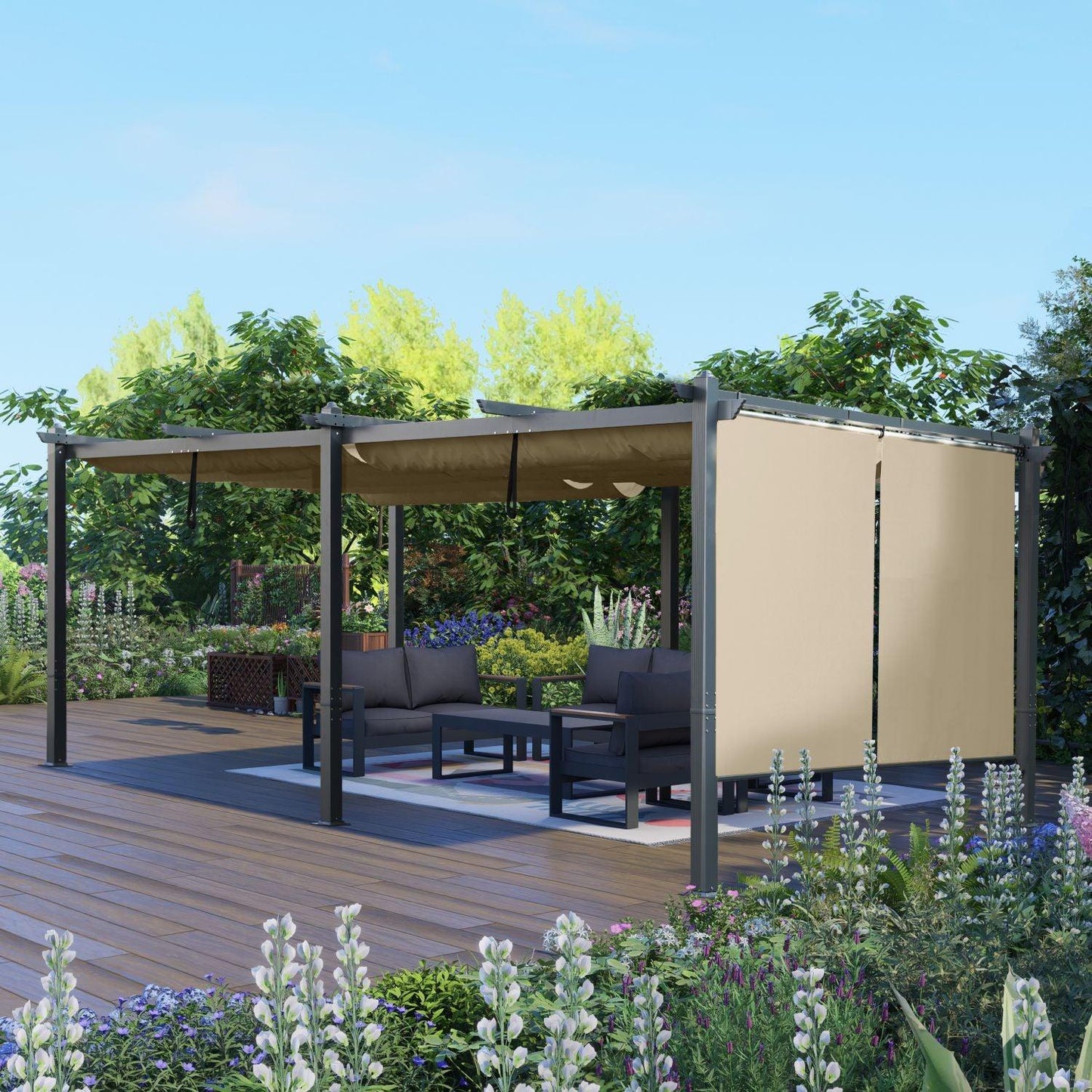 12 x 20 FT Outdoor Pergola with Retractable Shade Canopy, Aluminum Frame, Roller Shade Curtain- khaki/Charcoal Gray Aoodor