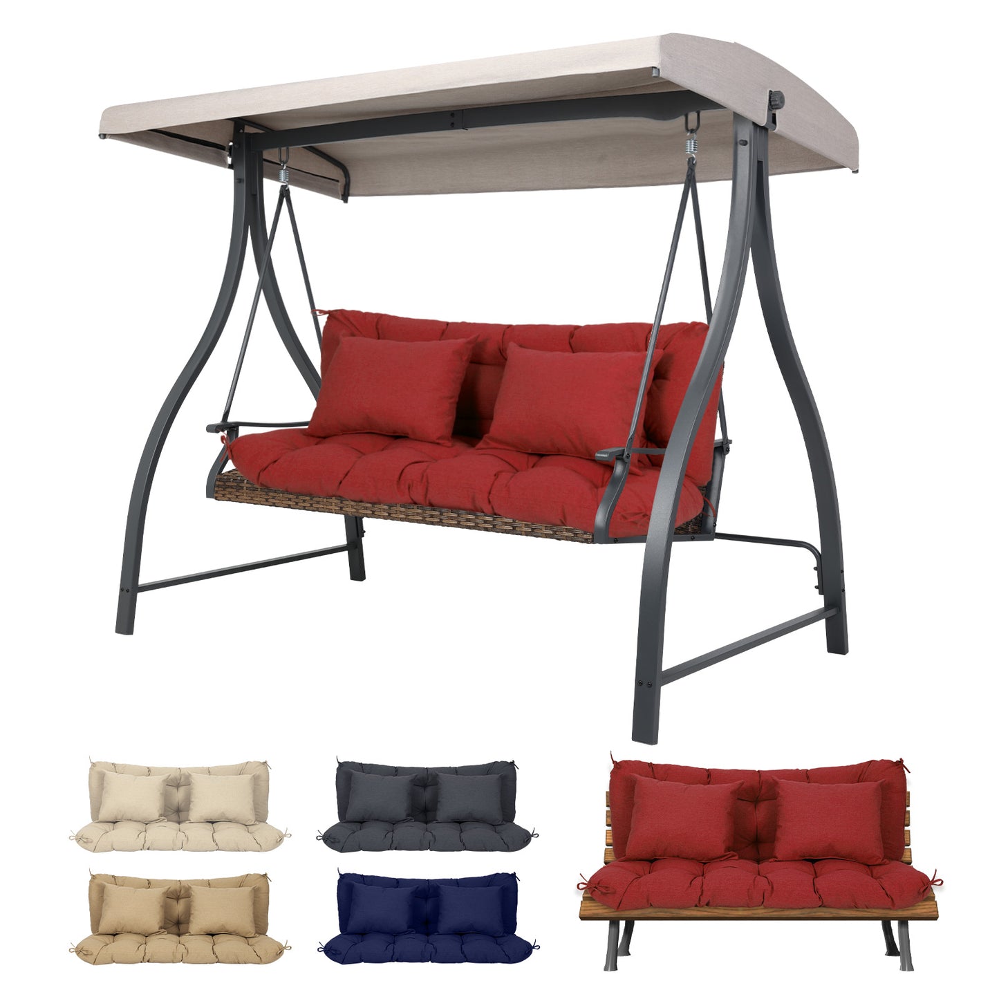 59" Tufted Porch Swing Cushions, Extra 5.1" Thick Outdoor Swing Bench Replacement Cushion with Backrest and 2 Pillows - Red Aoodor