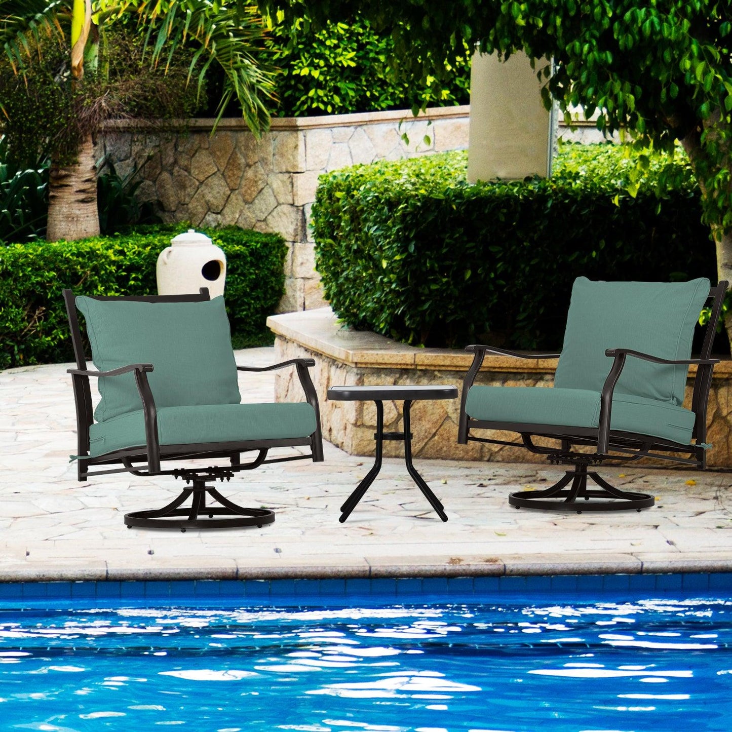 Outdoor Swivel Chair Set - Two Chairs, One Glass Table, and Two Thick Cushions