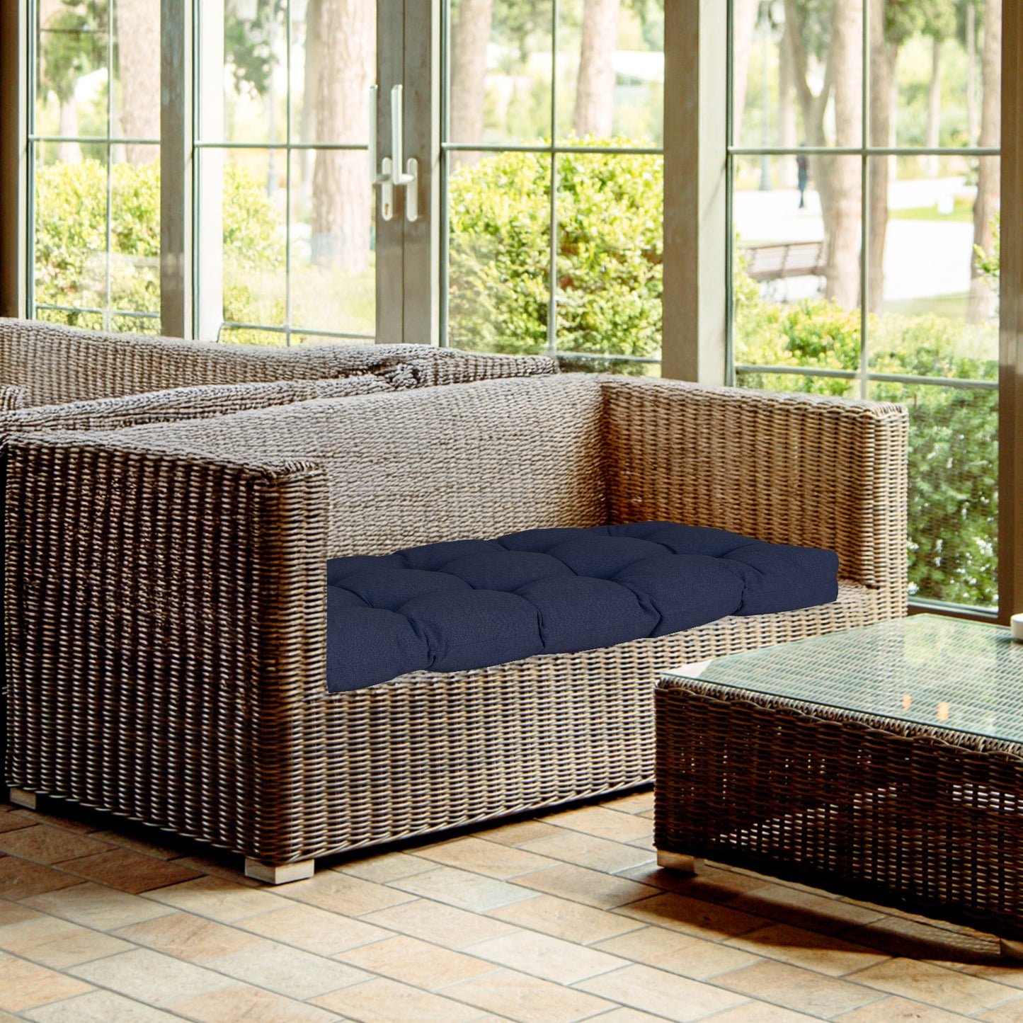 Outdoor Polyester Tufted Bench Cushion, Water & Fade Resistant, Dark Blue