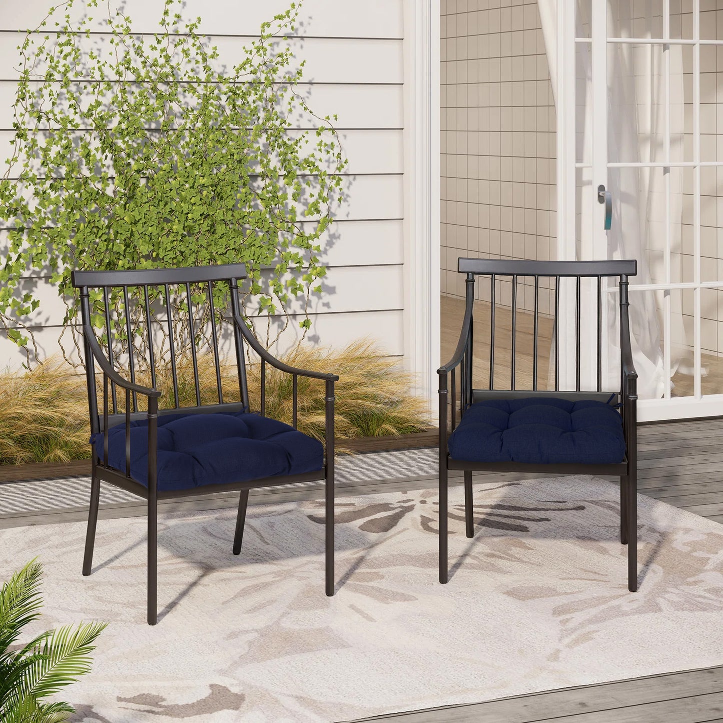 19x19x5 Inch Tufted Outdoor Chair Cushions, Water and Fade Resistant Polyester Dining Chair Pads with Ties - Dark Blue Aoodor