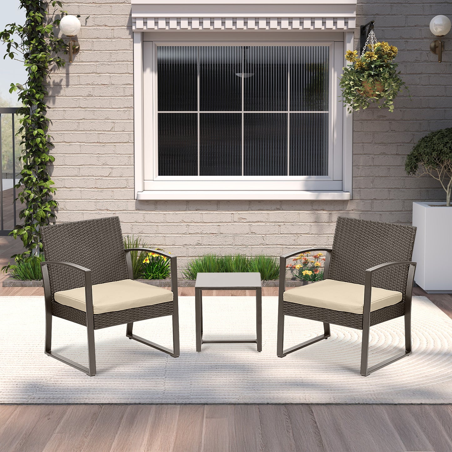 3-Piece Patio Furniture Set - Outdoor Rattan Wicker Chairs with Table, Sofa Set Including Cushions