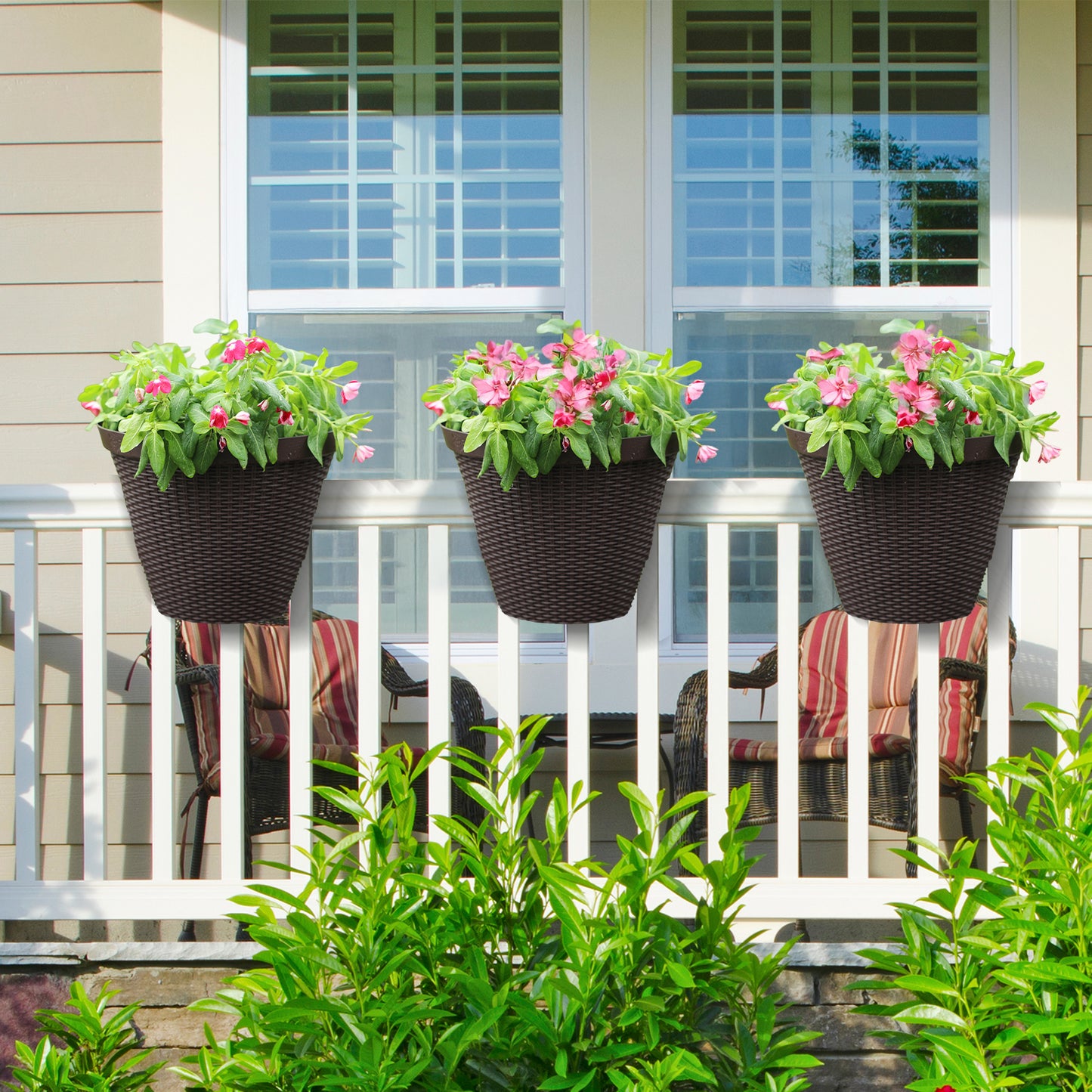 12 inch Balcony Rattan Railing Planter Box with Adjustable Brackets - Set of 4 Aoodor