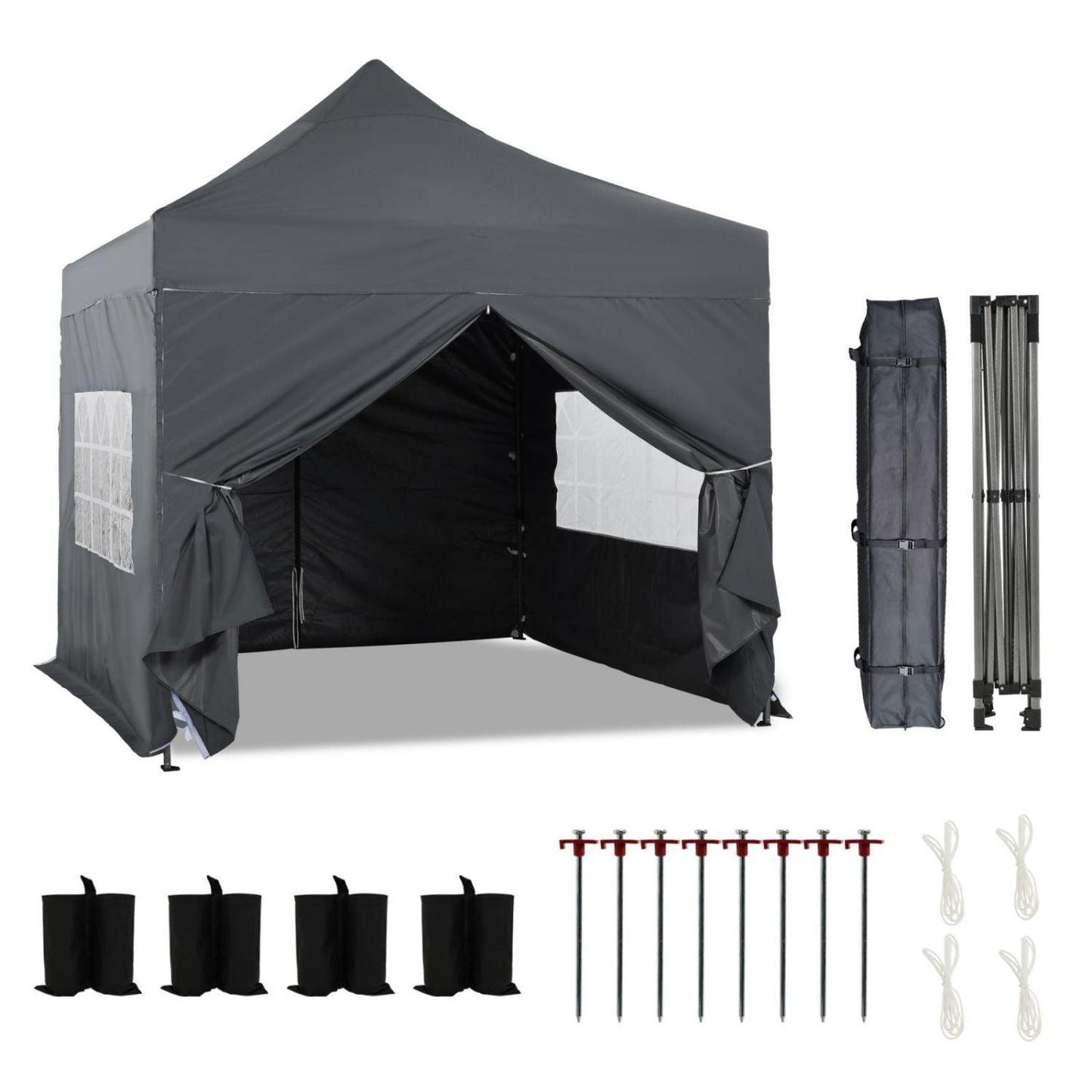10 x 10 FT. Pop Up Canopy Tent with Windows Sidewalls, 3 Adjustable Heights, with Wheeled Bag Aoodor Gray